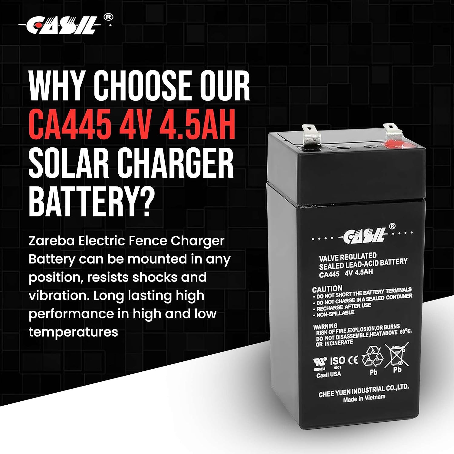 Casil Fi-Shock SS-440 Zareba Electric Fence Charger 4 Volt Rechargeable Battery 4A AGM Valve Regulated Lead Acid Battery for Solar Electric Fence