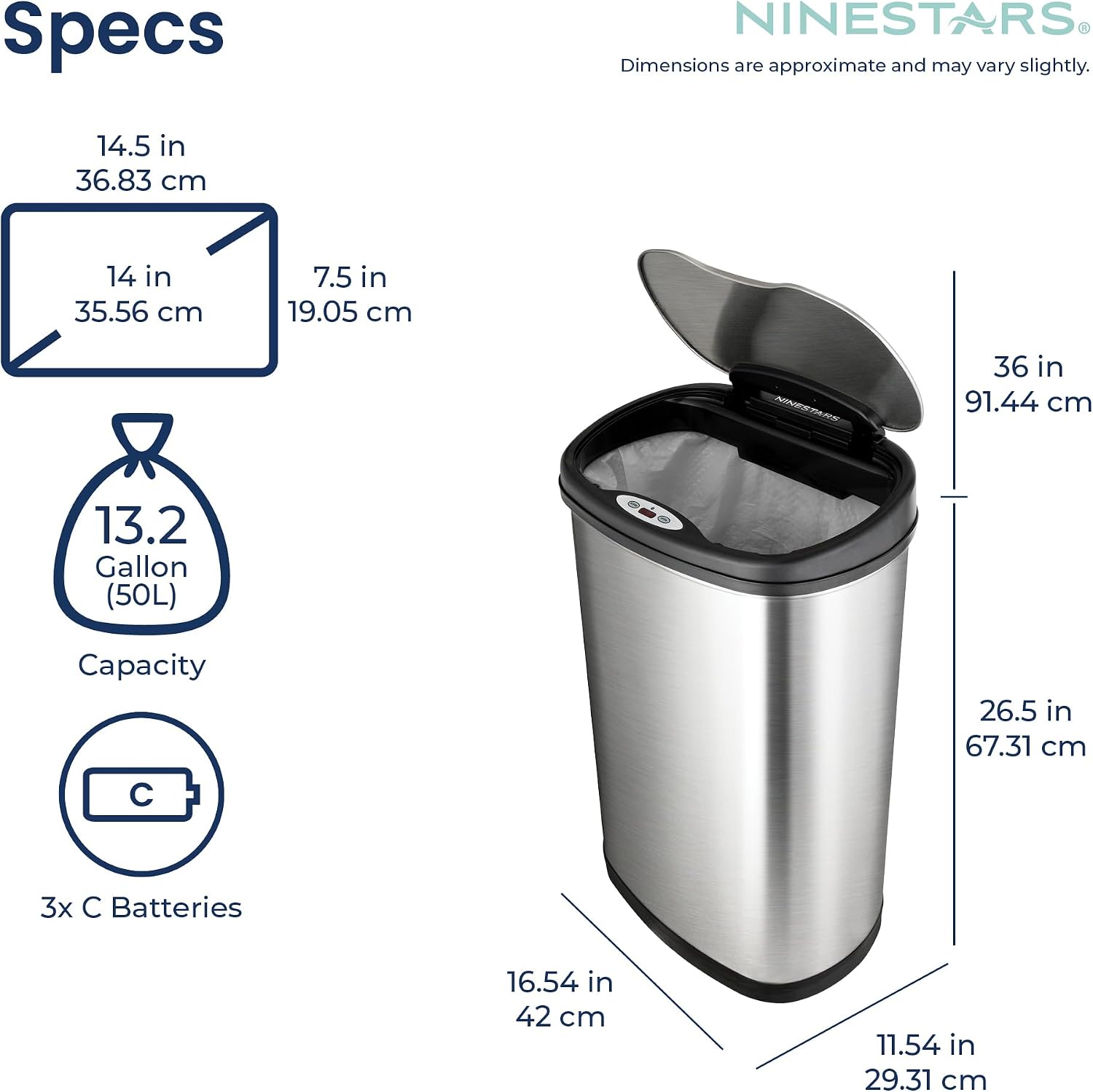 Ninestars 13 Gallon Oval Automatic Trash Can, 50L Touchless Motion Sensor Kitchen Garbage Can with Odor-Sealing Lid, Silver Stainless Steel
