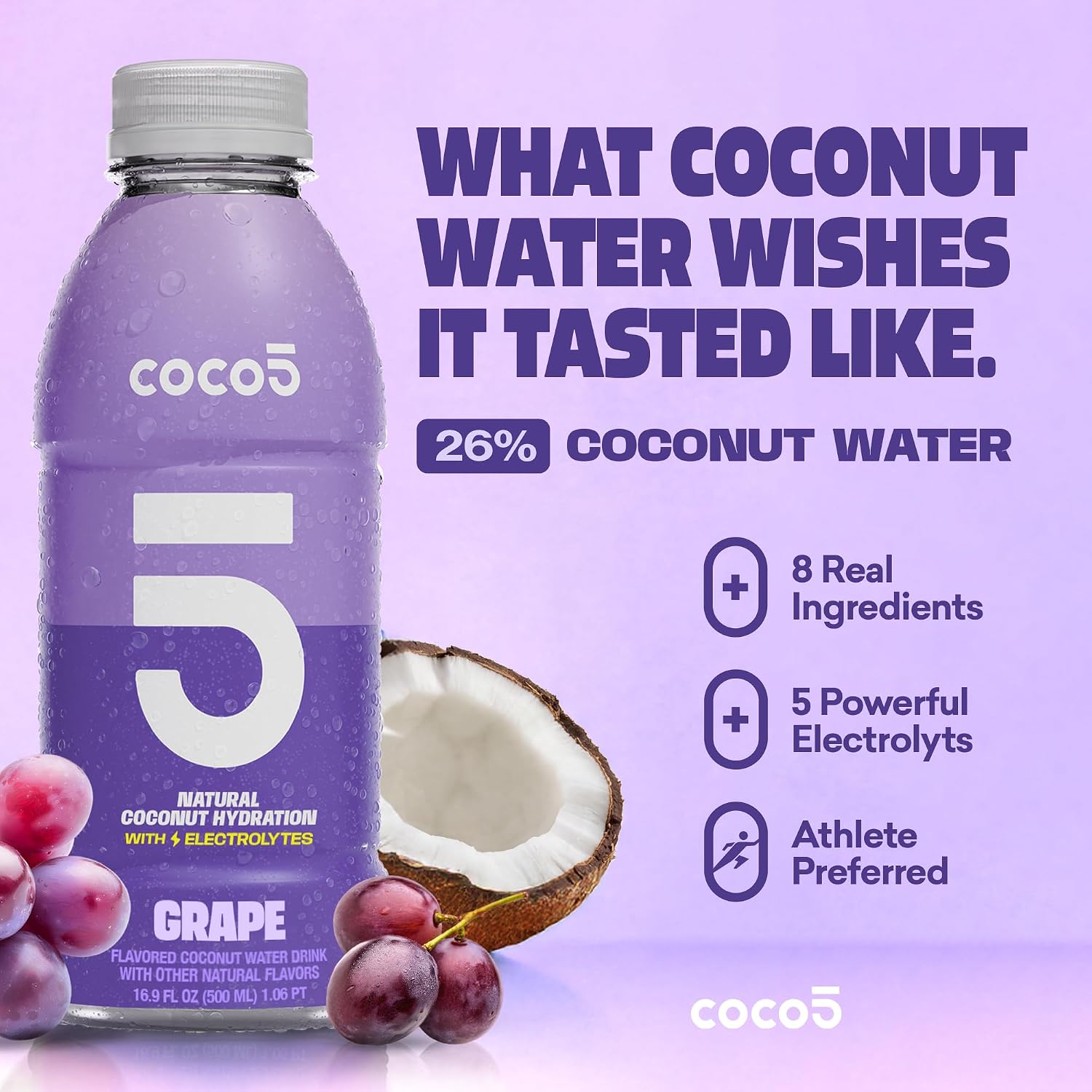 Coco5 Original Coconut Water Natural Electrolyte Sports Drink, 12 Pack | Active hydration. Low sugar, nothing artificial. Potassium, sodium, magnesium, calcium, chloride. 8 real ingredients.