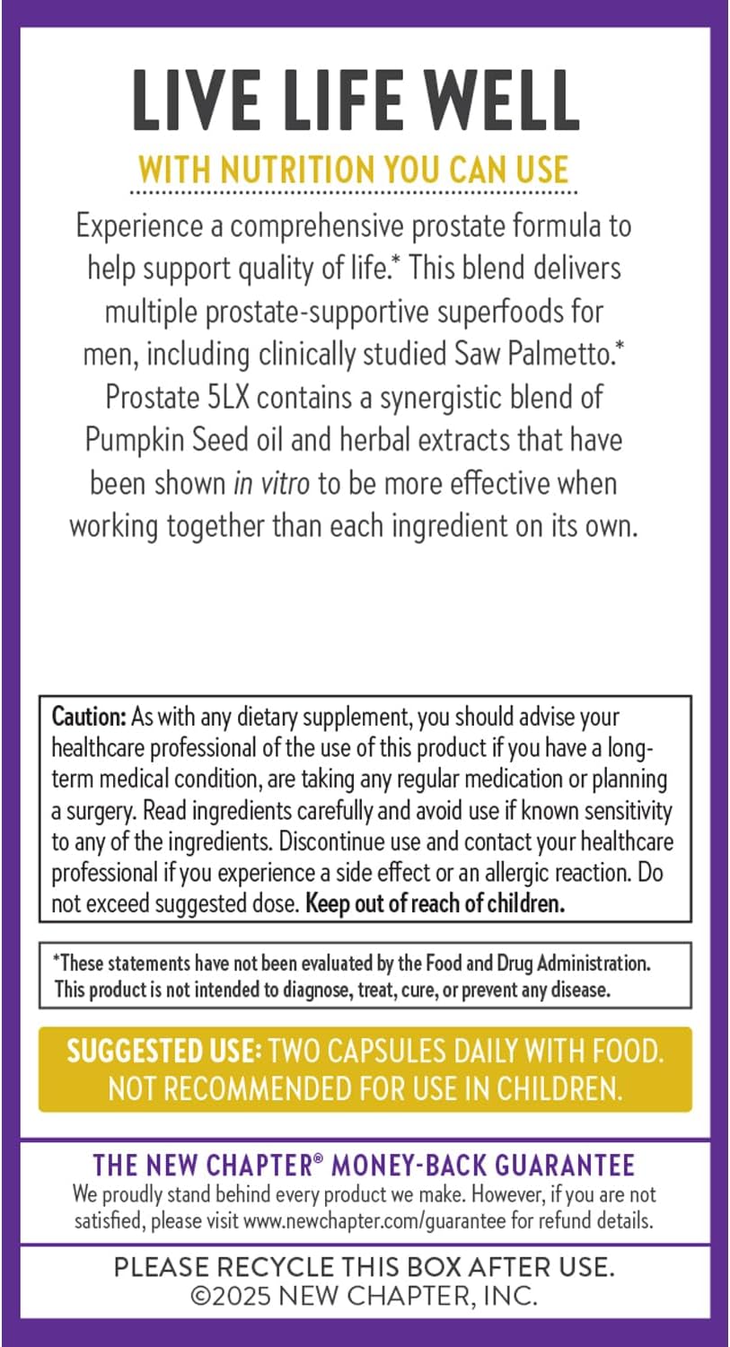 New Chapter Prostate Supplement - Prostate 5LX™ with Clinical Strength Saw Palmetto + Fermented Selenium for Men’s Wellness - 180 ct Vegetarian Capsule