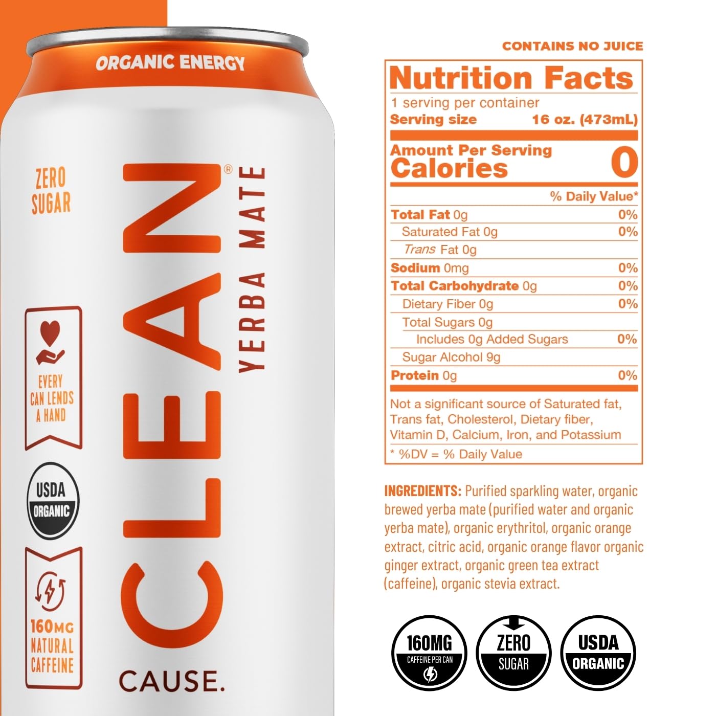 CLEAN Cause Zero Sugar Yerba Mate Organic Energy Orange Ginger, 12Pack 16oz