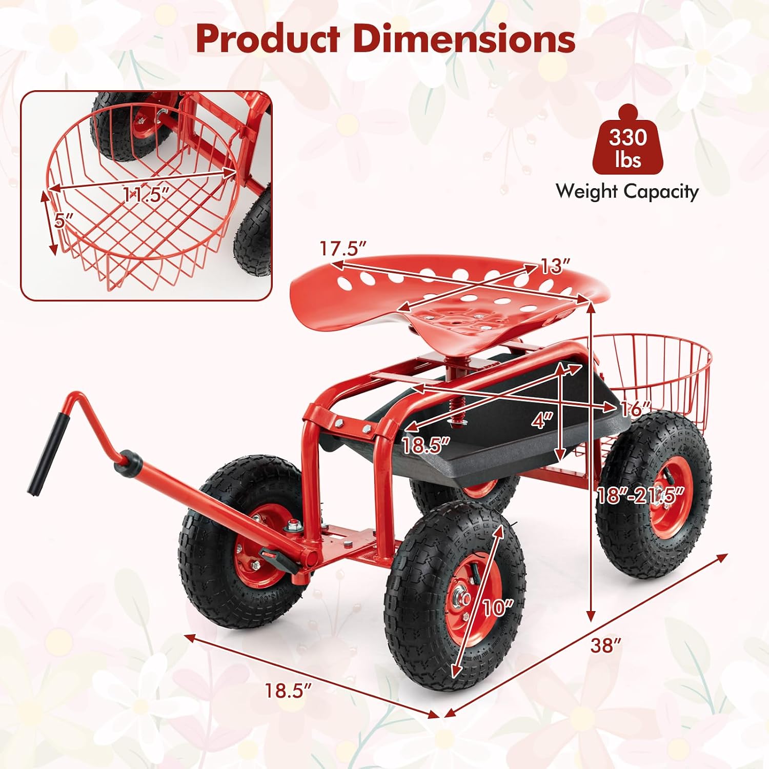 Goplus Rolling Garden Cart with Seat, Outdoor Garden Stool with Wheels, Tool Tray & Basket, Adjustable Steering Handle