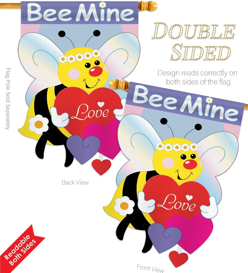 Two Group - Bee Mine Flag Spring - Seasonal Valentines Applique Decorative Vertical House Flag 28" x 44"