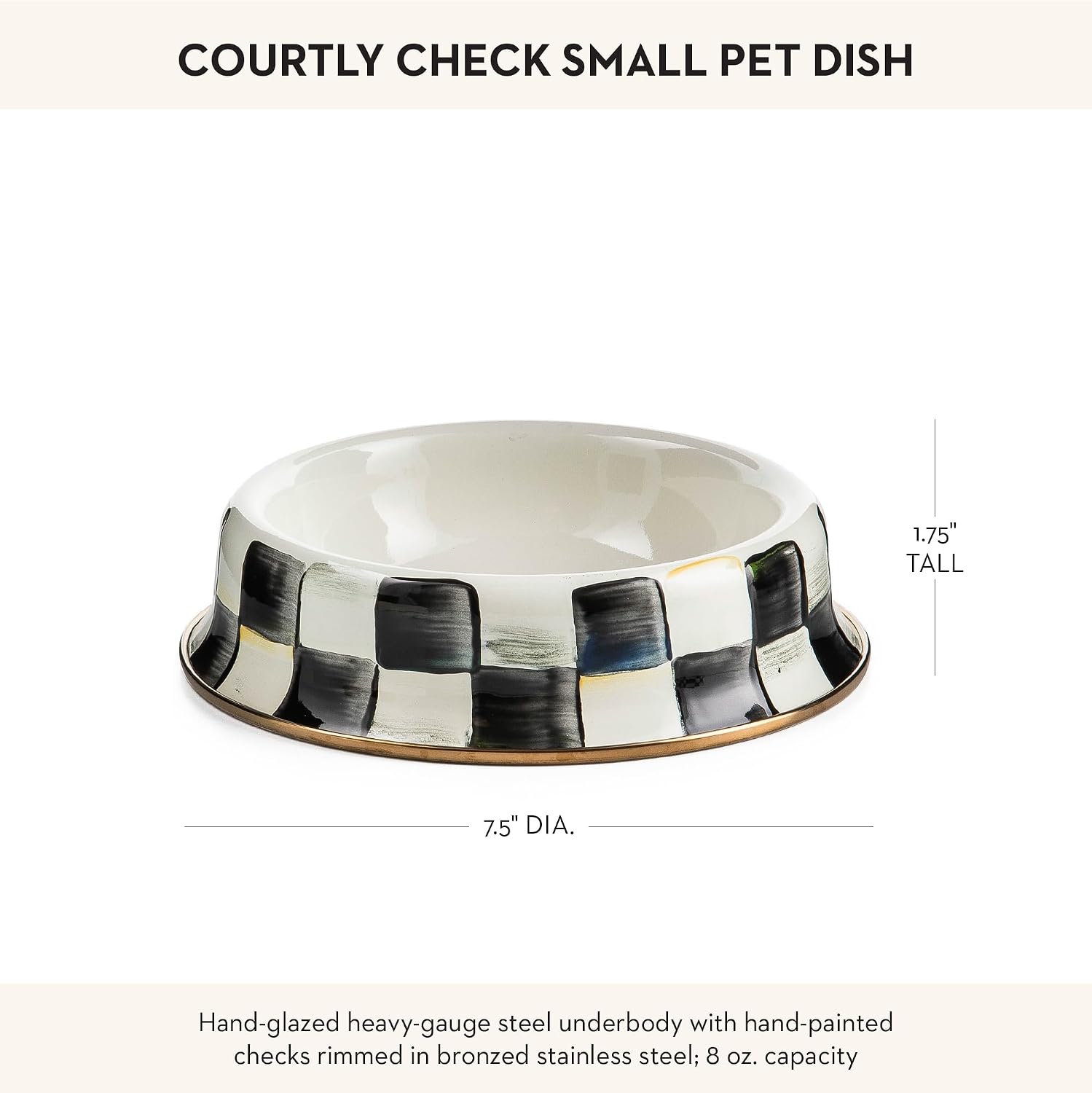 MACKENZIE-CHILDS Enamel Pet Dish, Large, Black-and-White Courtly Check | Decorative cat and dog bowl for food and water, 40-ounce capacity
