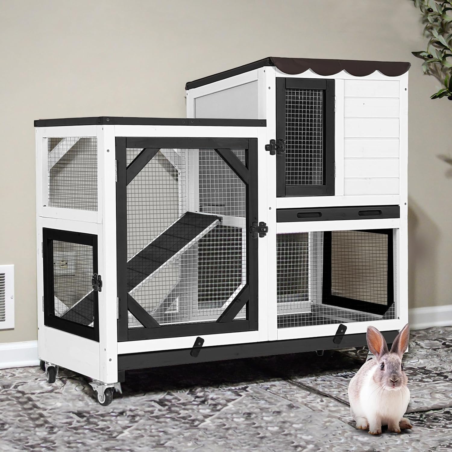 Indoor Rabbit Bunny Hutch Outdoor, Guinea Pig Cages with Removable Bottom Wire Netting - Easy Clean