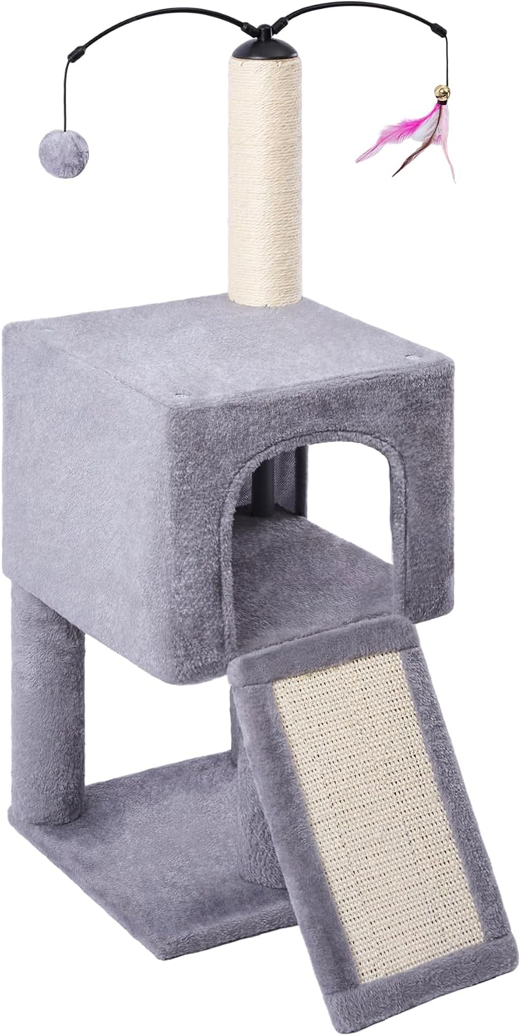 32" Cat Tree for Indoor Cats, 2-in-1 Cat House with Sisal Scratching Post & Ramp, 2-Level Cat Tower with Rotatable Feather & Ball Toys, Stable Grey Cat Condo for Small/Medium Cats, Grey