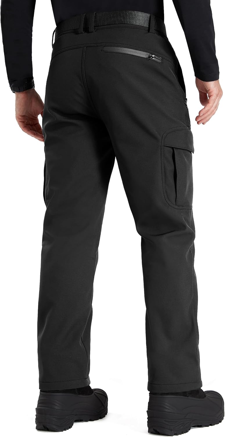 FREE SOLDIER Men's Outdoor Softshell Fleece Lined Cargo Pants | Snow Ski Hiking Pants with Belt, Waterproof Winter Pants, Insulated Work Pants, Breathable Windproof Insulated Pants