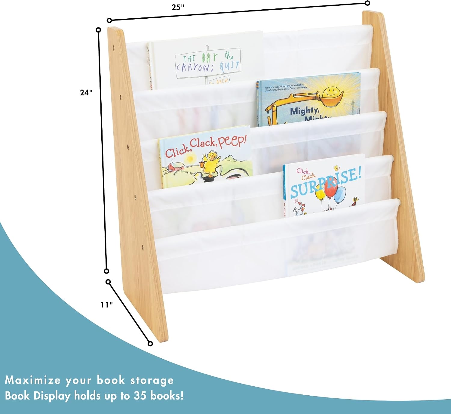 Humble Crew Kids Bookshelf, Montessori Front Facing Toddler Bookcase 4 Tier | Book display rack and reading nook organizer, nylon pockets show covers face out, compact for any playroom or bedroom space