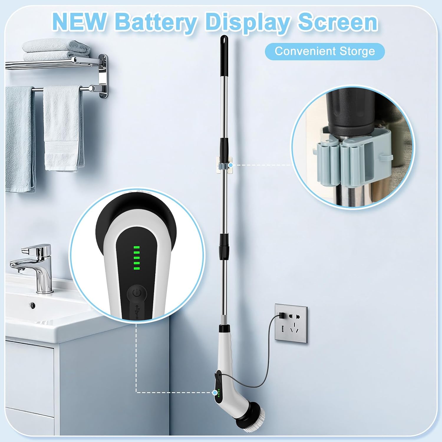 Electric Spin Scrubber, Cordless Cleaning Brush with 8 Replaceable Brush Heads, Shower Scrubber with Adjustable Extension Handle