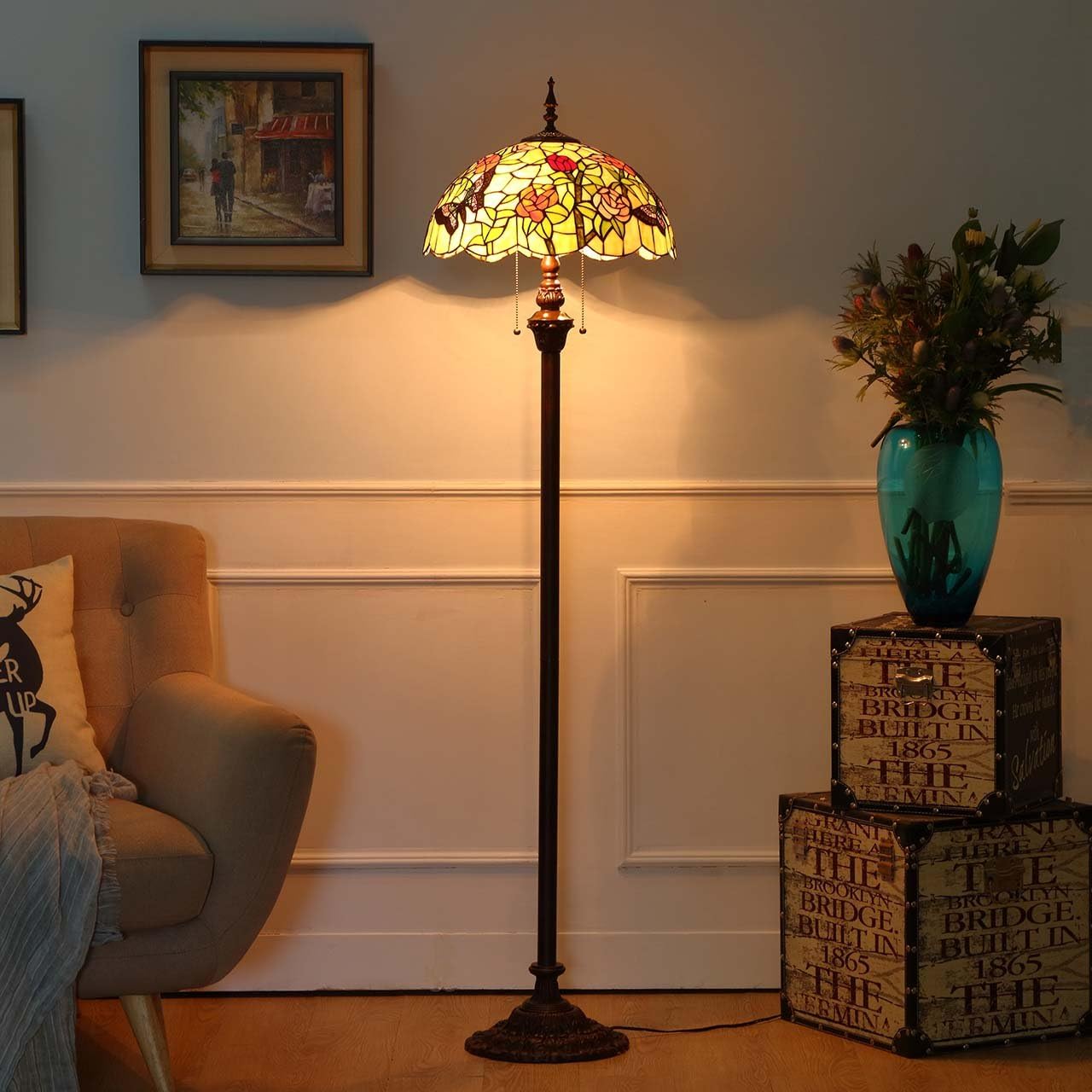 Bieye L11408 Butterfly Tiffany Style Stained Glass Floor Lamp with 16-inch Wide Handmade Lampshade Metal Base for Bedroom Living Room, 59-inch Tall