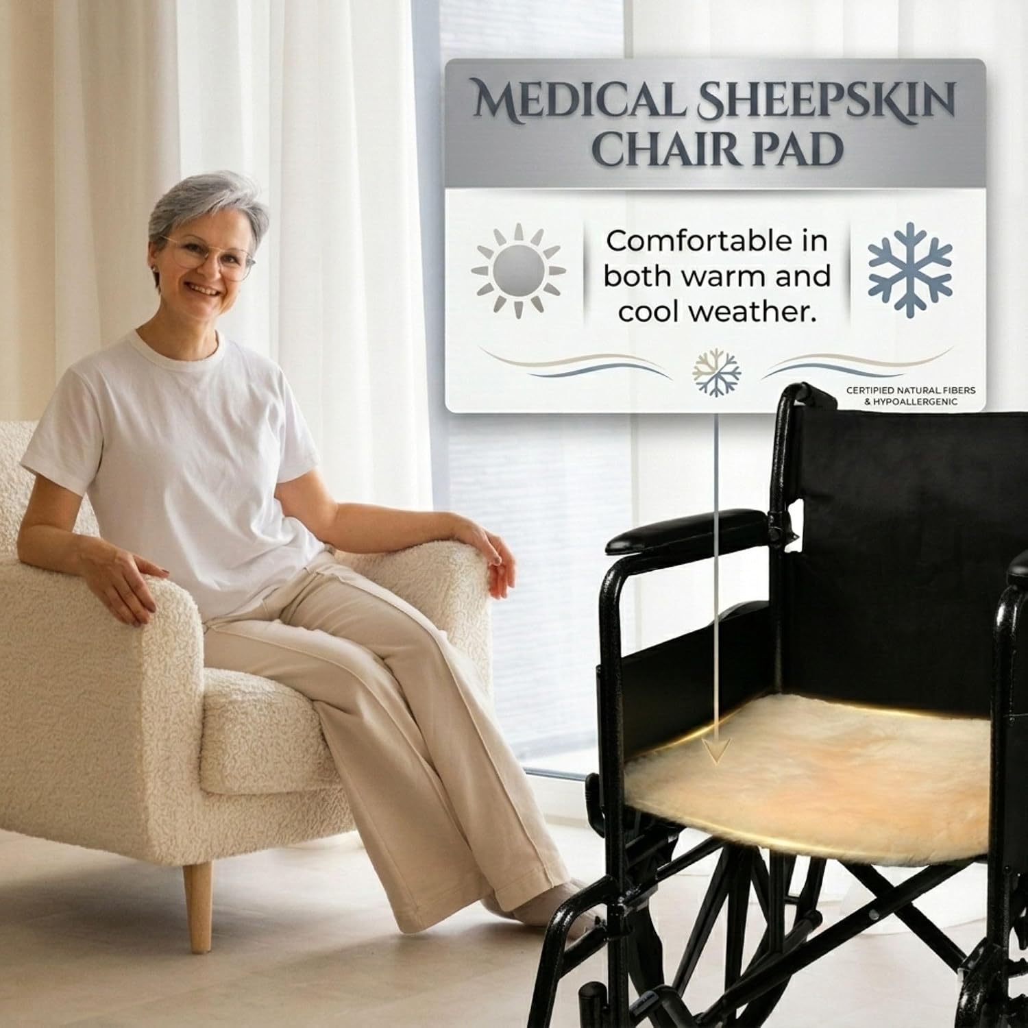 Natural Medical Sheepskin Pad, Non-Slip Back, Natural, 17 x 17 in, 1 Pack
