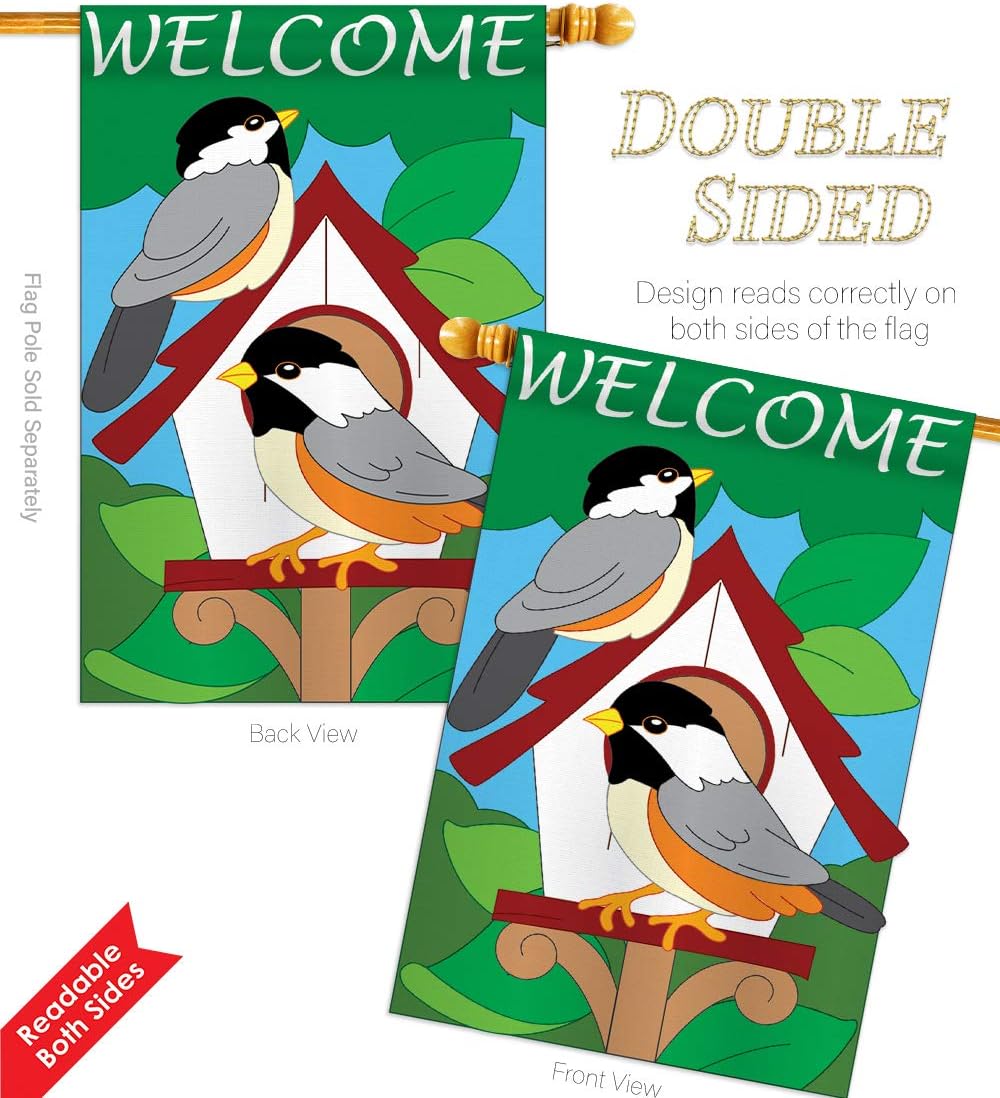 Two Group HS105030-P2-03 Bird House Garden Friends Birds Applique Decorative Vertical 28" x 44" Double Sided Flag Set Wood Dowel with String Hardware