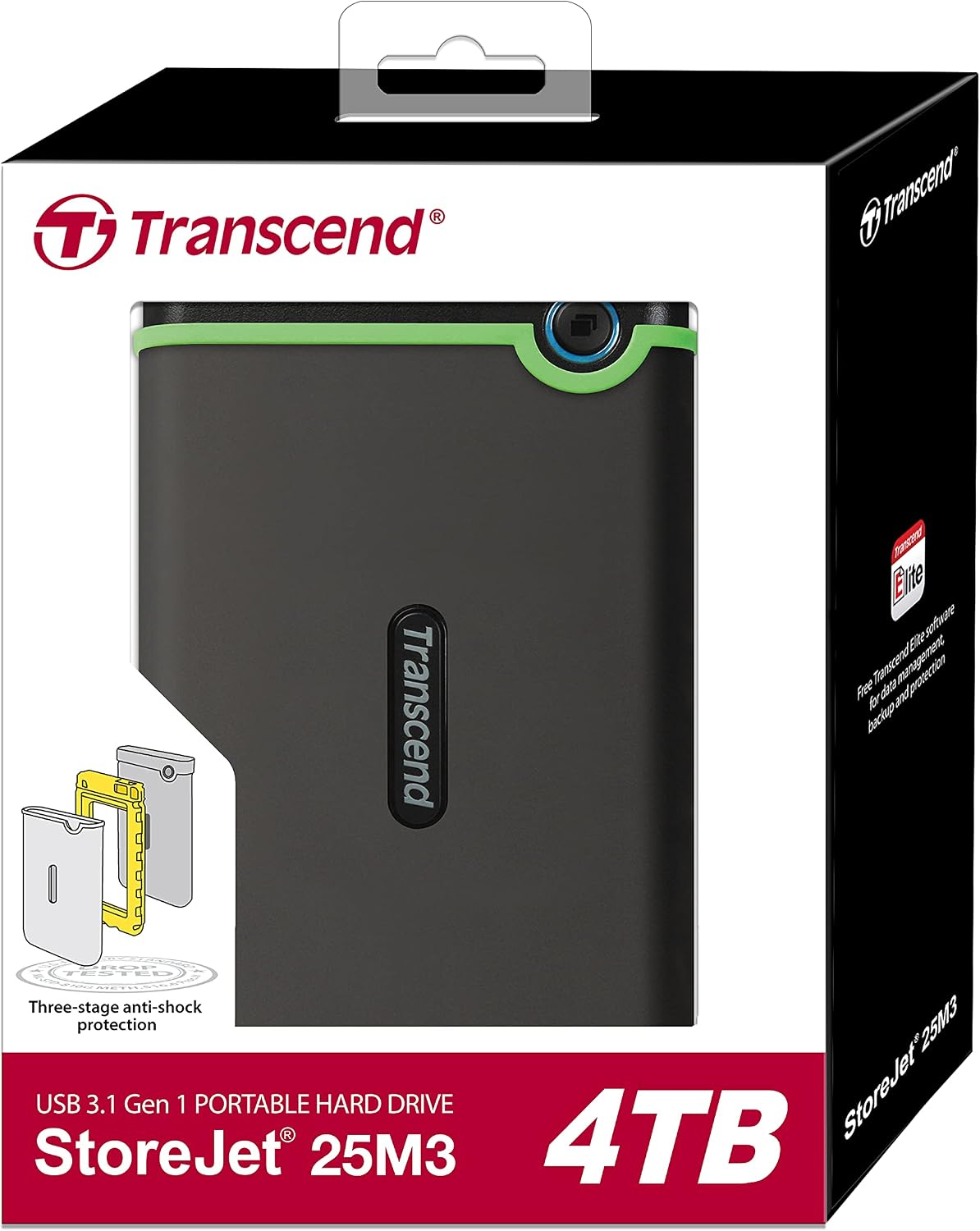 Transcend 4TB StoreJet 25M3 Rugged Portable HDD, One Touch Backup