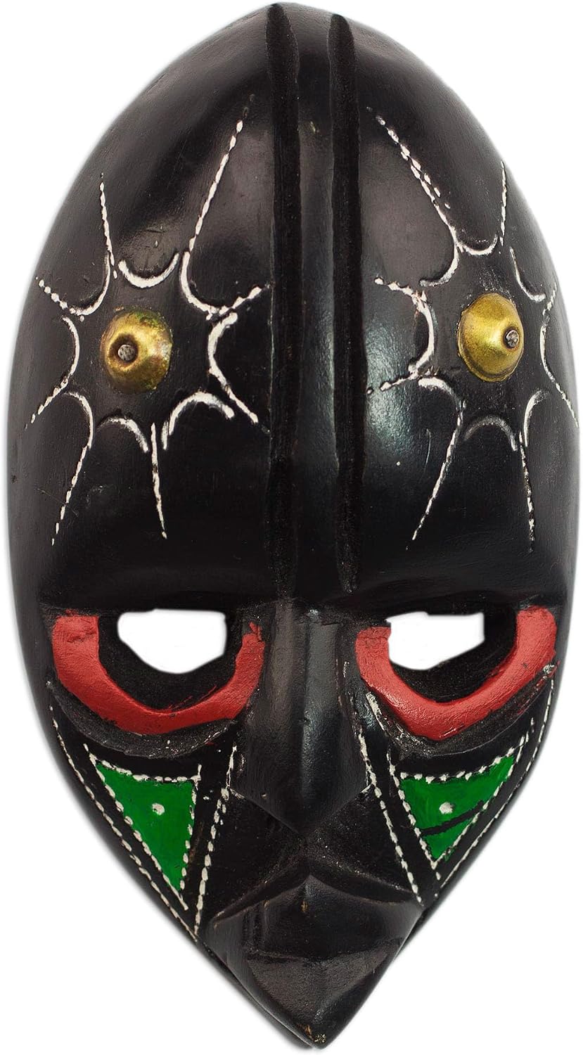NOVICA Artisan Handcarved African Wood Mask Sese Wall from Ghana Black Multicolor Woodbrass Masks Ghanaian [5.75in H x 3in W x 1.4in D] ' Stellar