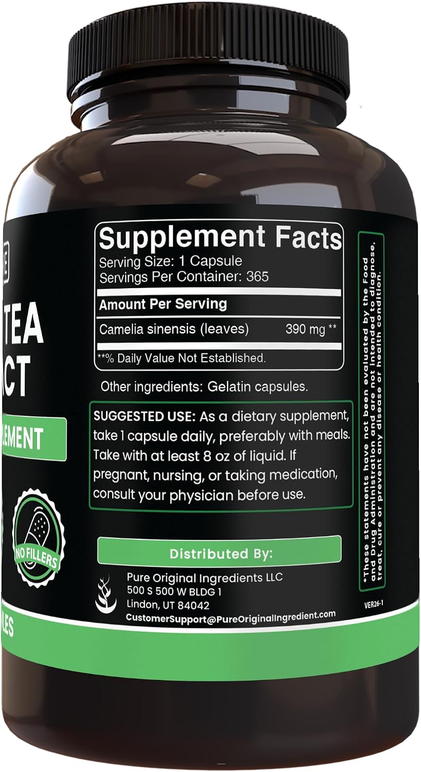 Pure Original Ingredients Green Tea Extract (365 Capsules) No Magnesium Or Rice Fillers, Always Pure, Lab Verified