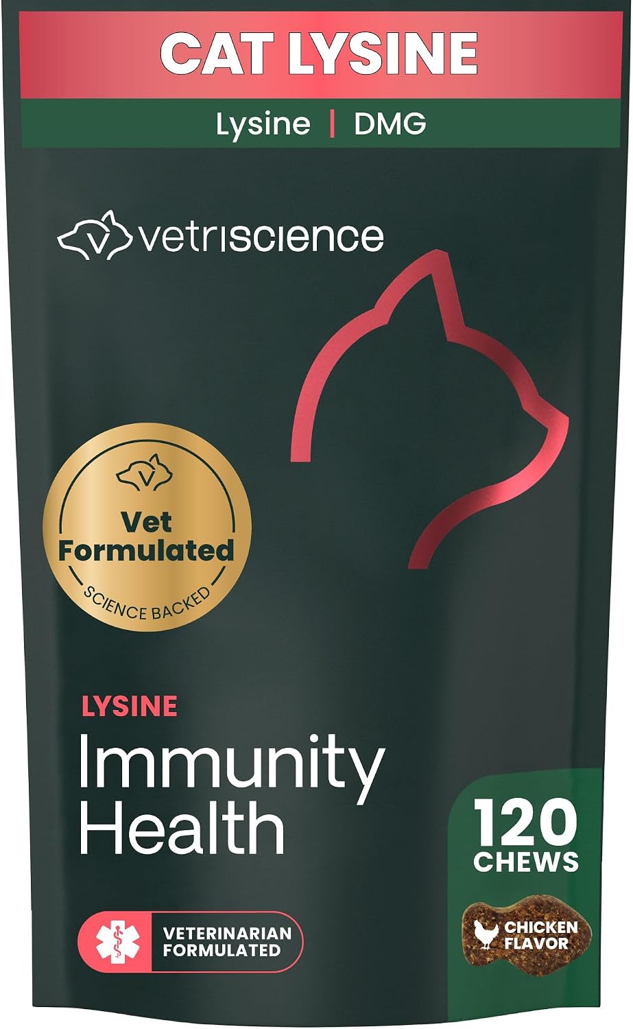 VetriScience Lysine Immunity Health Chews, 250 mg Lysine Plus Immune Supplement for Cats and Kittens with Allergies, Sneezing, Runny Nose and Watery Eyes, Chicken, 120 Count