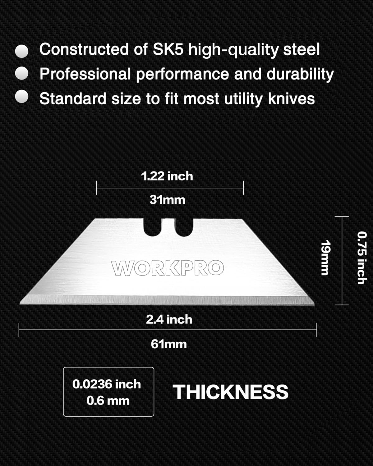 WORKPRO Utility Knife Blades, 100-Pack SK5 Steel Blades with Dispenser | Premium Steel Standard Blades for Box Cutter, Ideal for Cardboard, Leather, Carpet, Rope, Soft Metal, Pipe, etc