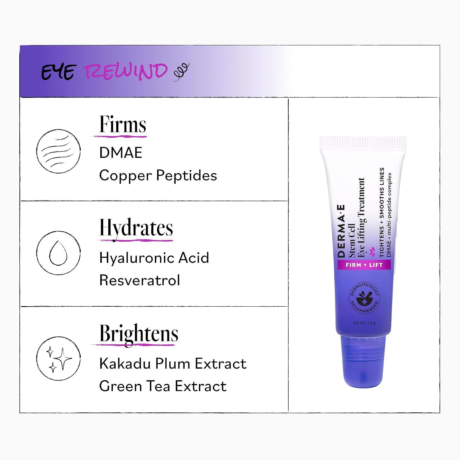 Derma E Stem Cell Lifting Eye Treatment – Multi Action Firming and Tightening Under Eye and Upper Eyelid Cream - Hydrating and Revitalizing