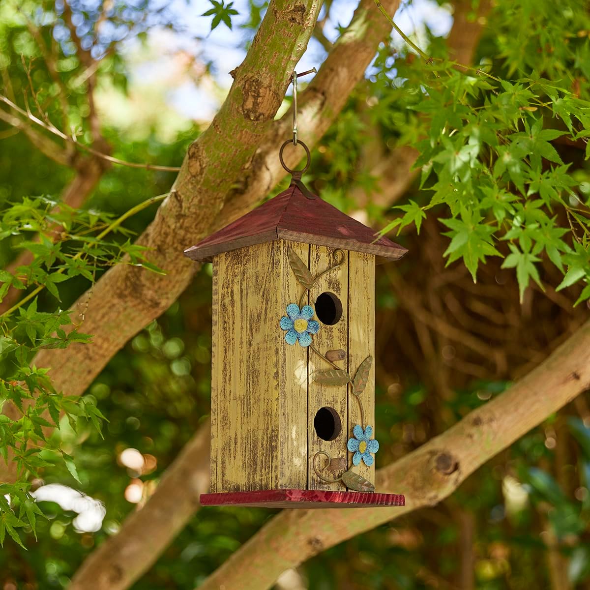 Glitzhome 14" H Hanging Distressed Wooden Church Birdhouse Garden Decor
