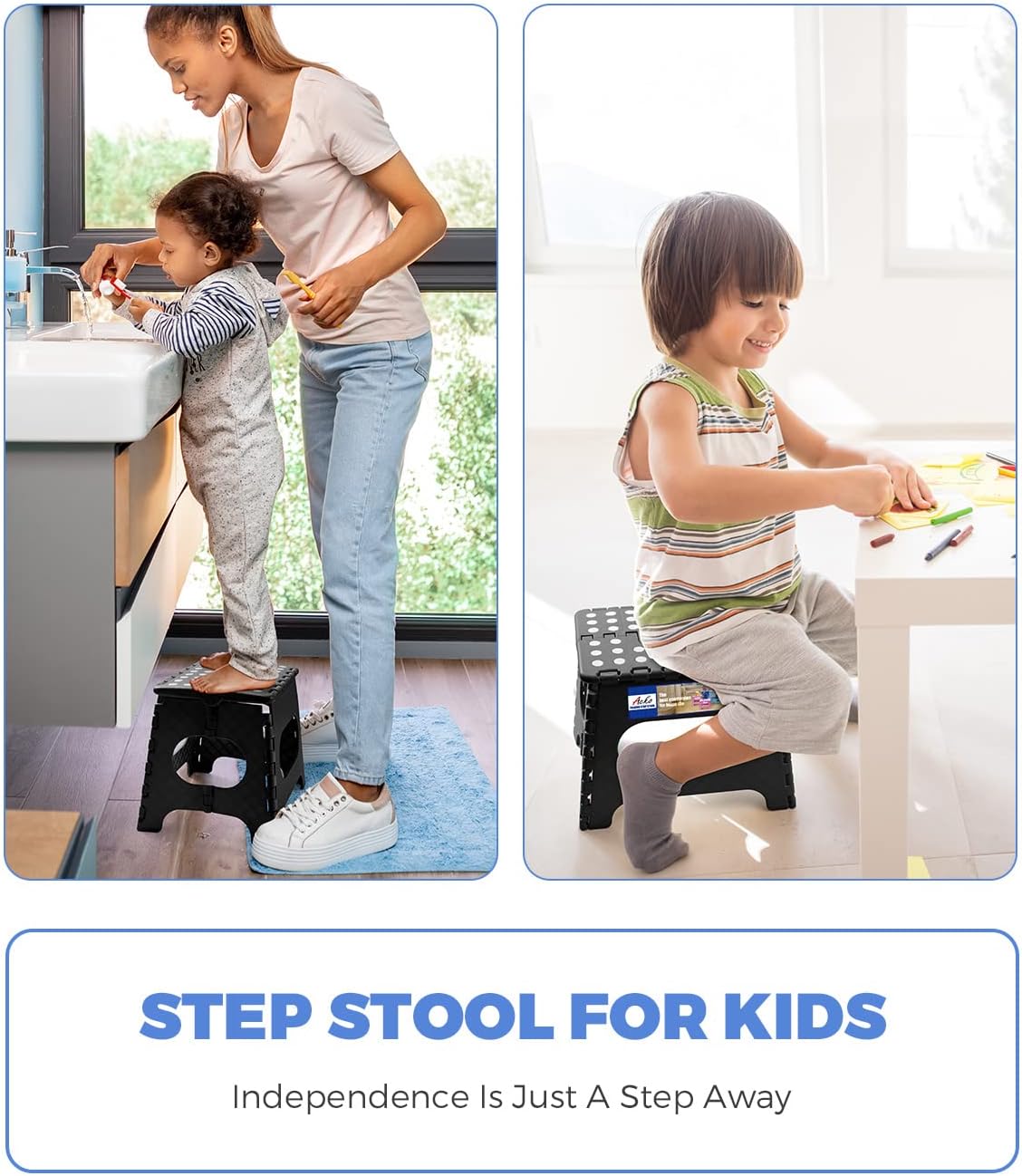 ACKO 13 Inch Folding Step Stool, Holds 300 lb for Adults and Kids, Black | Collapsible Heavy Duty Foldable Stools, Portable Non-Slip Foot Stepping stool, Kitchen Bathroom Bedroom Outdoor with Handle