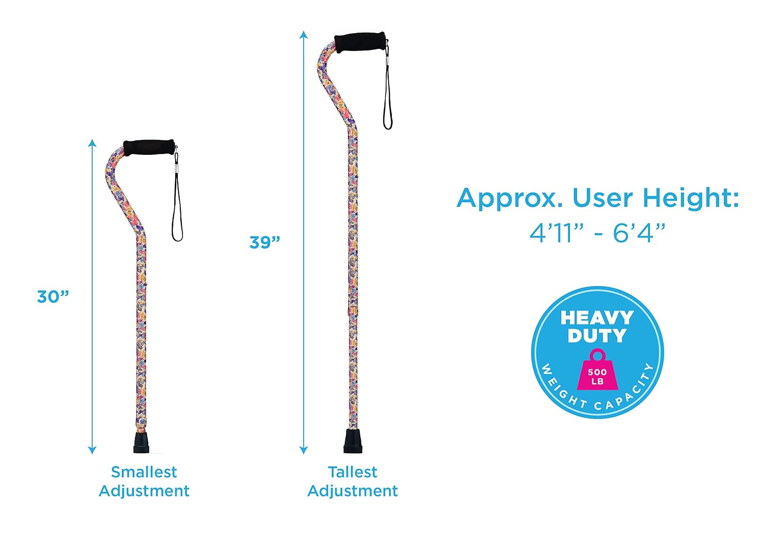 NOVA Heavy Duty Bariatric Walking Cane for Seniors, Men & Women – 500 lb Weight Capacity Offset Cane, Lightweight Adjustable Walking Stick with Soft Foam Grip, Wrist Strap & Non-Slip Tip