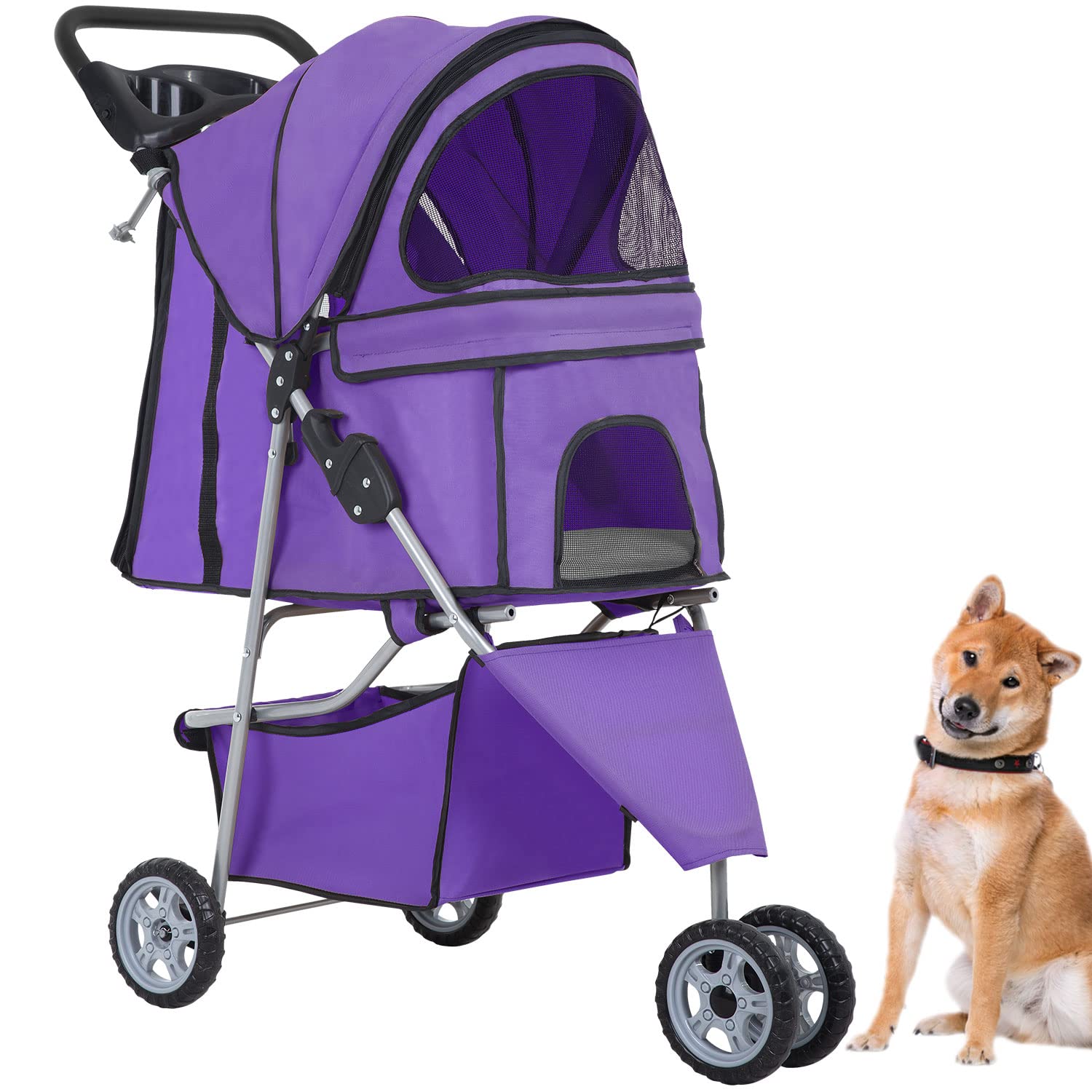 BestPet | 4-Wheel Foldable Pet Stroller | Black | Lightweight & Portable | Travel Carrier with Mesh Windows, Storage Basket, Cup Holder, Safety Brakes, and Waterproof Fabric | For Small Dogs and Cats