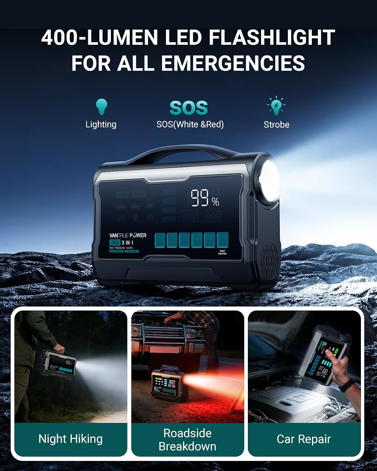 JS3 Real 3250A Jump Starter with Air Compressor 160PSI, 12V Car Battery Booster with Display, Jump Box with Light, Support 65W Fast Charging Power Bank, 10L Gas/8L Diesel Engines