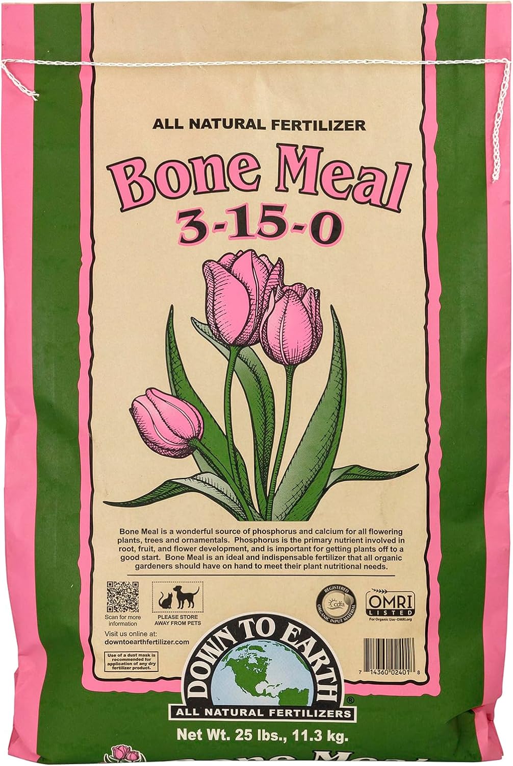Down To Earth All Natural Fertilizers Organic Bone Meal - 3-15-0, 25 lb | High Phosphorus Plant Food for Buds, Bulbs, Blooms, Flowers, Onions, Garlic