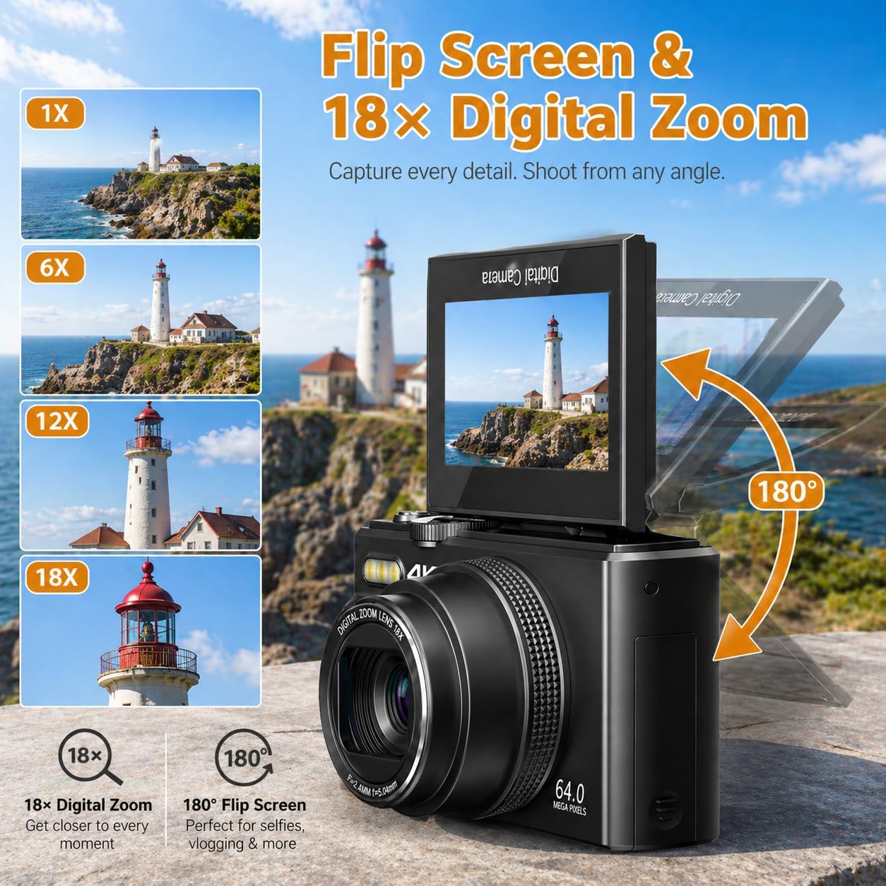 4K Digital Camera for Photography, 64MP Vlogging Camera for YouTube with 3" 180° Flip Screen, WiFi Compact Camera with 18X Digital Zoom, Comes with 32GB Micro SD Card & 2 Batteries, Black