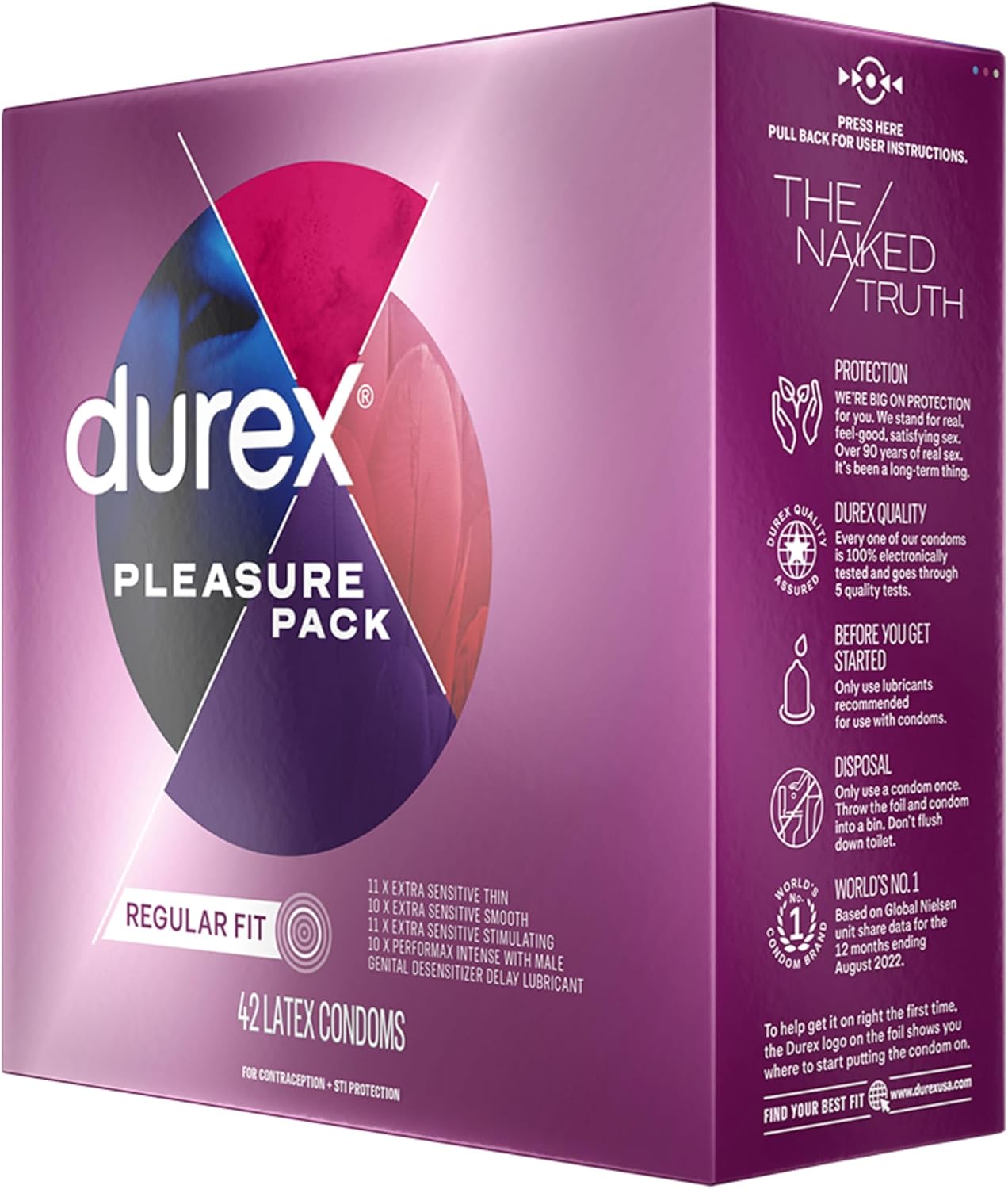 Durex Pleasure Pack Assorted Thin Condoms, Exciting Mix of Sensation and Stimulation, Lubricated Natural Rubber Latex Condoms for Men, 42 Count
