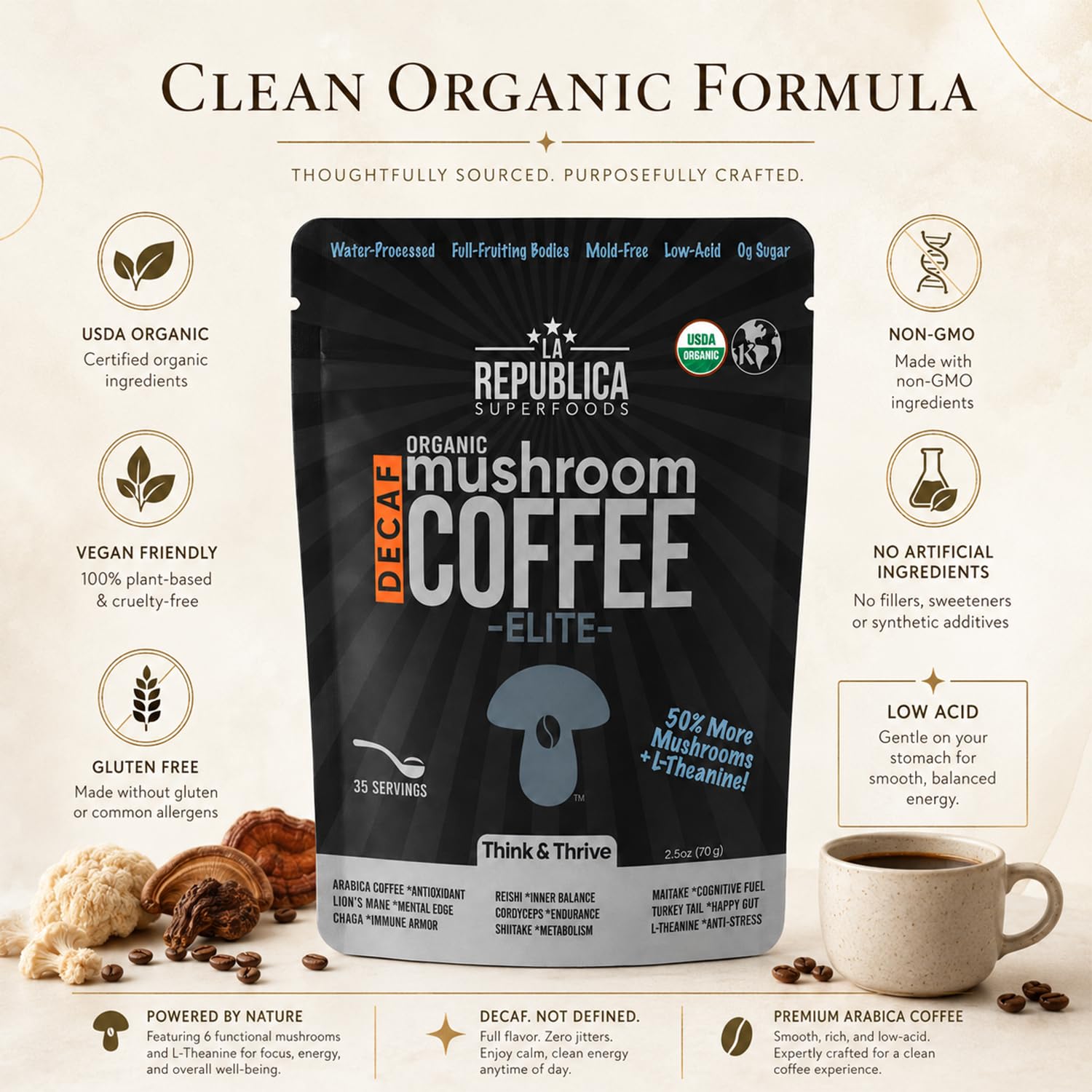 La Republica DECAF Organic Mushroom Coffee (35 Servings) with 7 Superfood Shrooms, Great Tasting Instant Mix Includes Lion's Mane, Reishi, Chaga, Cordyceps, Shiitake, Maitake, and Turkey Tail (Decaffeinated)