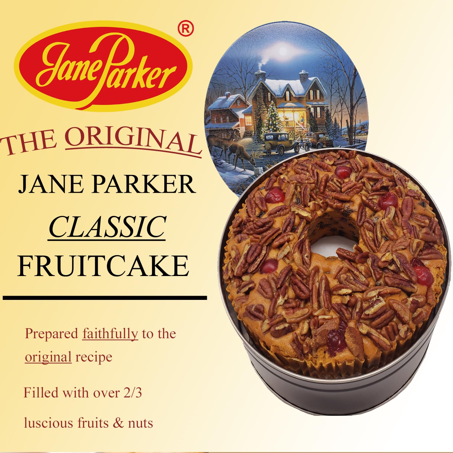 Jane Parker Fruitcake Classic Light Fruit Cake 3 Pound (48 Ounce) Ring in a Collectible Holiday Tin