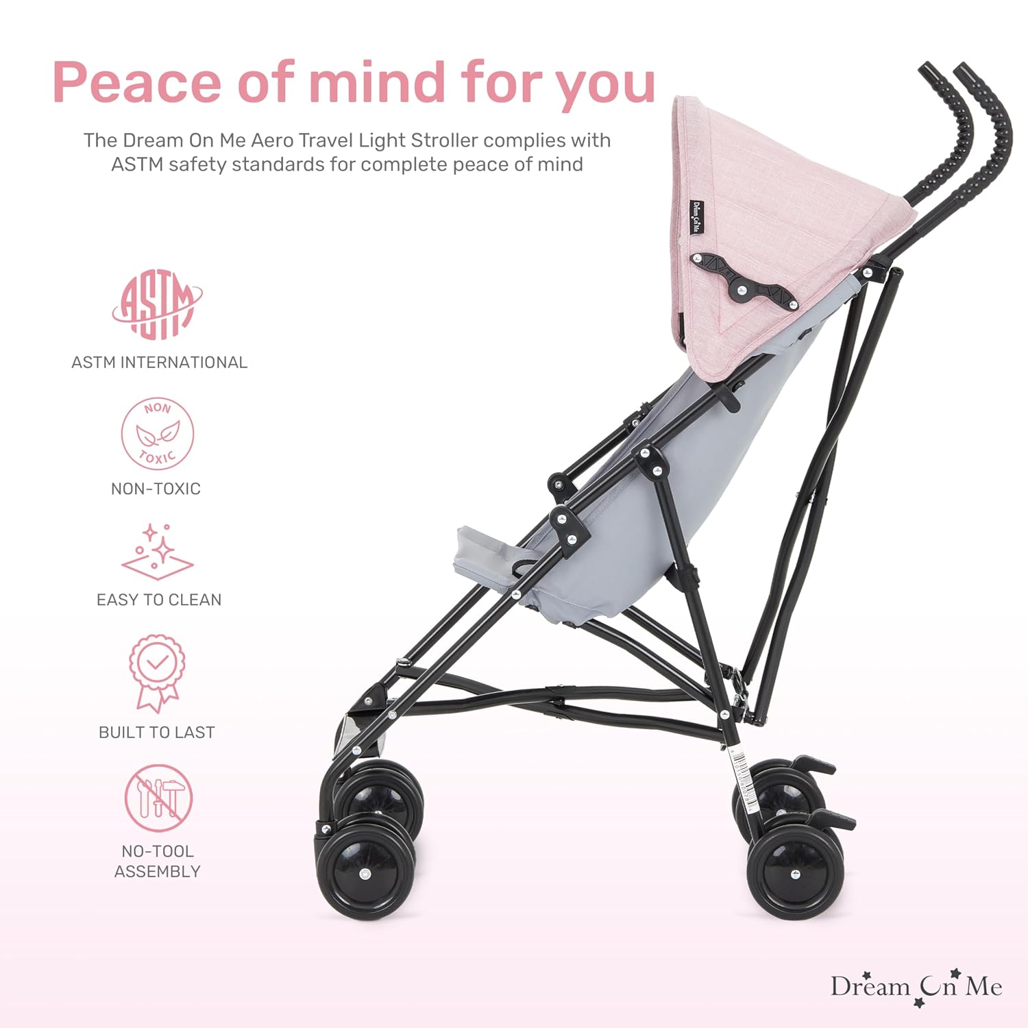 Dream On Me Aero Travel Umbrella Stroller, 1-Hand Fold, Lightweight, Black | 3 Point Safety Harness, Dual Brakes, Adjustable Removable Canopy, Sturdy Steel Frame, Compact, For Toddlers 6-36 months