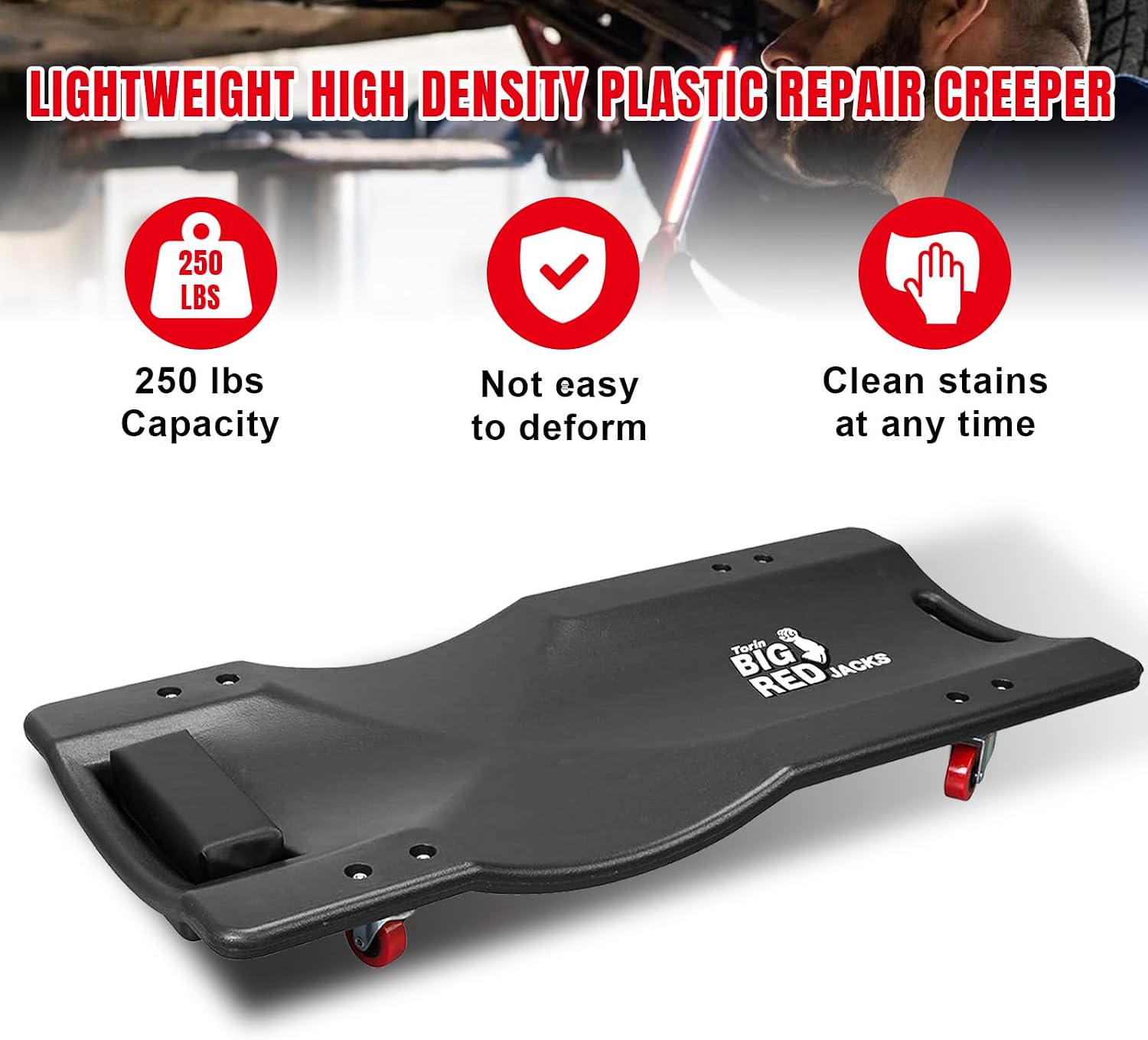 BIG RED 36" Rolling Garage Creeper, Shop Creeper Blow Molded Plastic Mechanic Cart with Padded Headrest with 4 Casters,350 LBS, Black,TR6240-P Torin