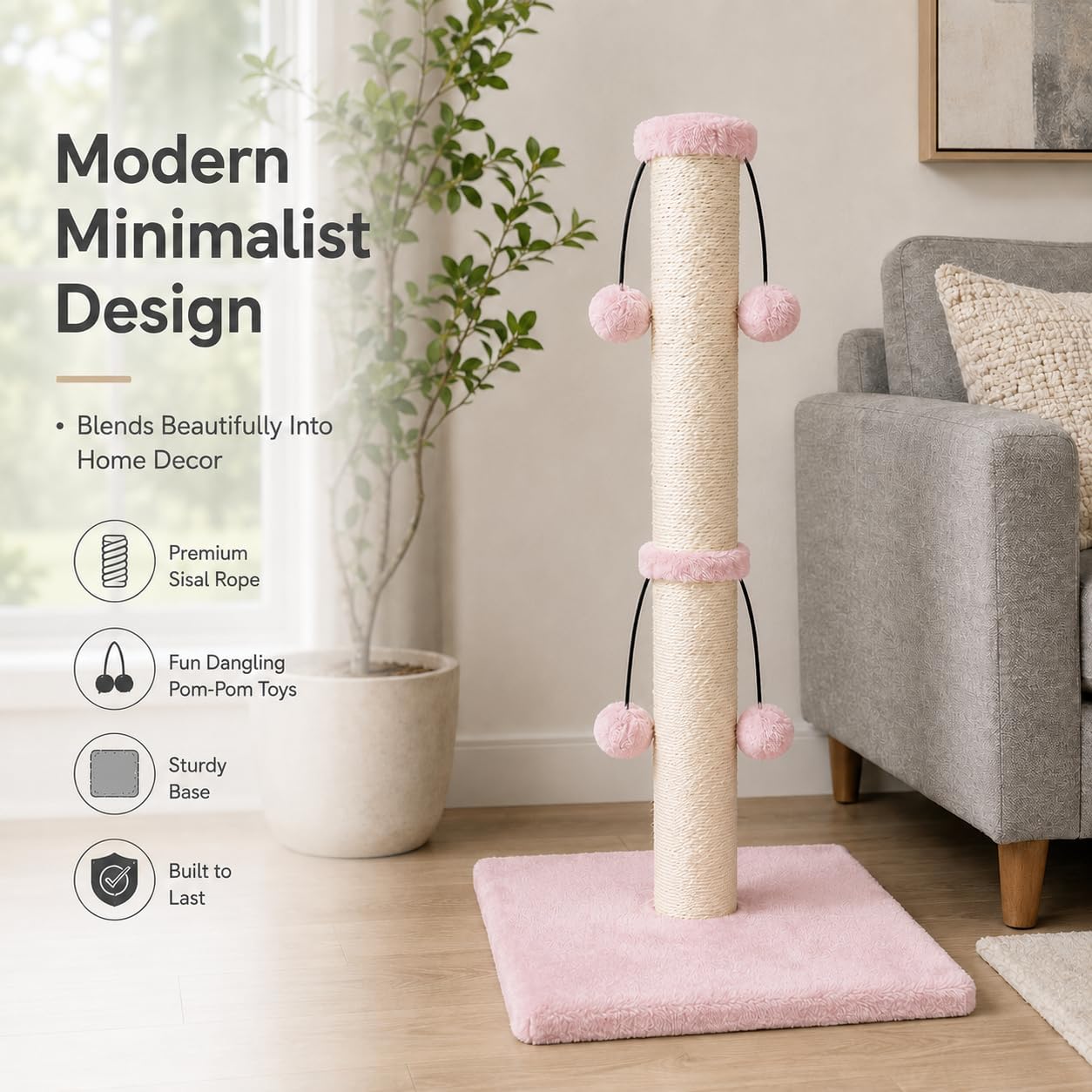 Dimaka 29'' Cat Scratching Post, Natural Sisal Rope Scratcher Post, Kitten Claw Scratch with 4 DanglingToy Balls for Large Cats (Grey)