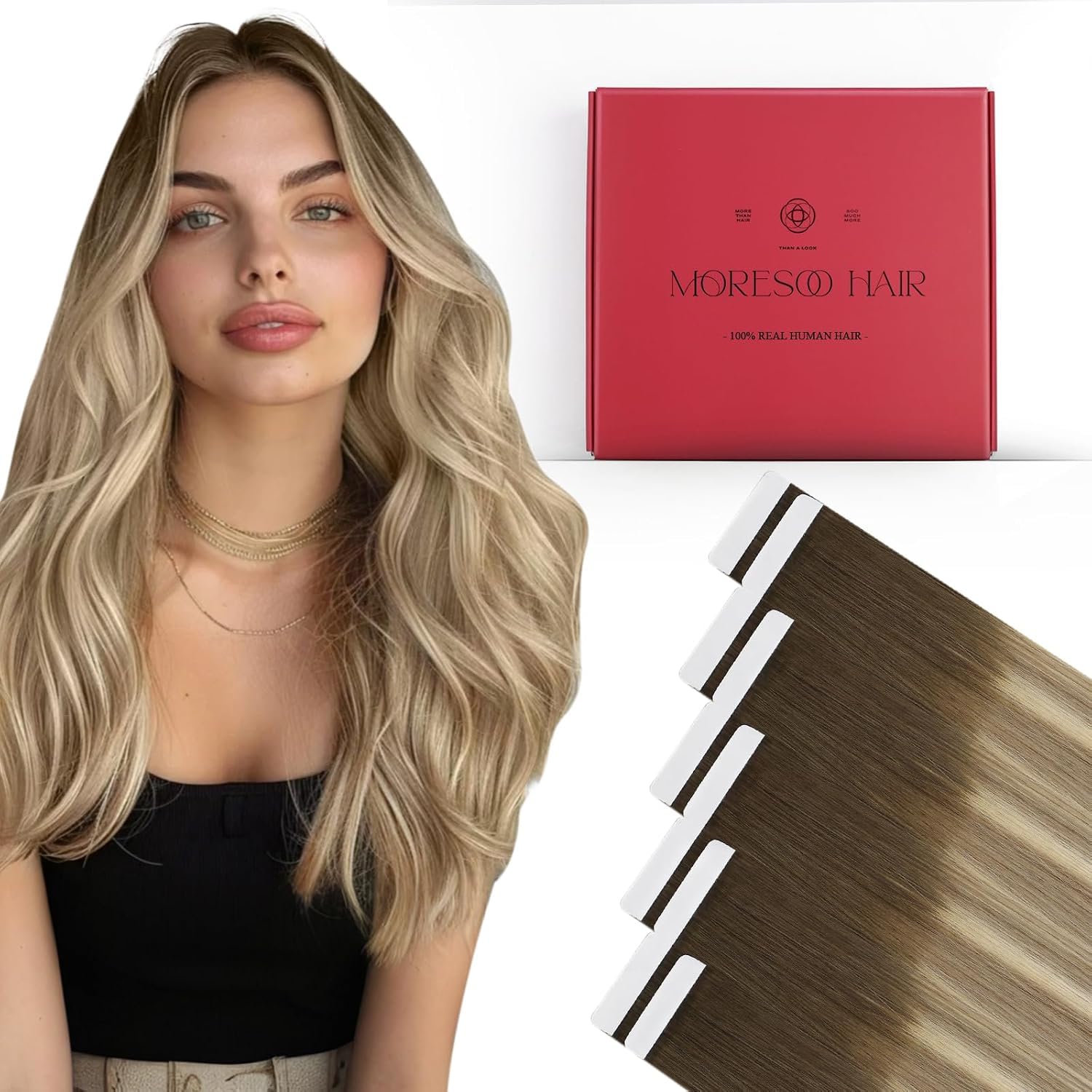 Moresoo Black Tape in Hair Extensions Human Hair, 18 Inch, 20Pcs, 50g
