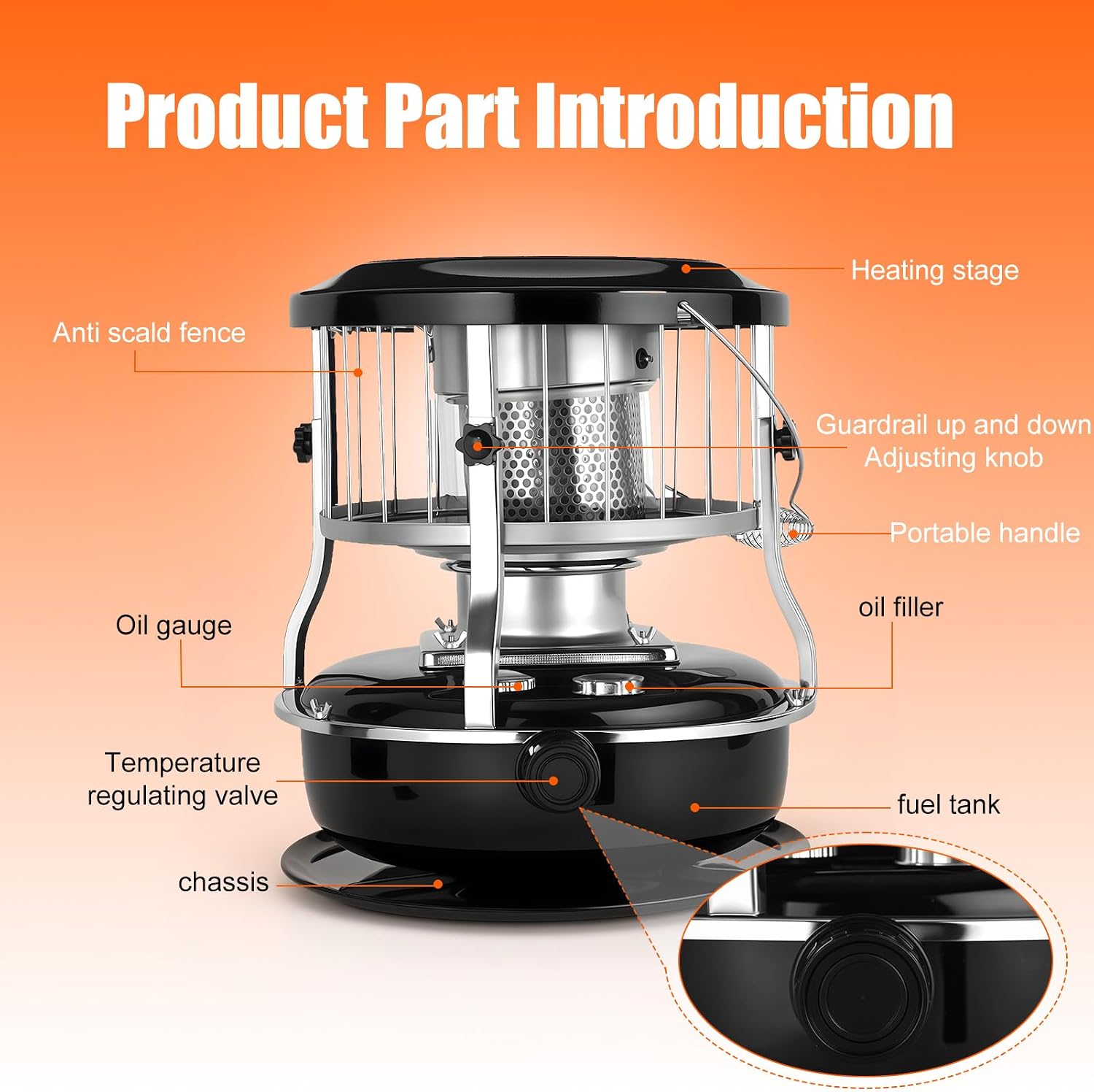 Indoor Kerosene Heater, Portable Kerosene Heater for Camping and Emergency, 9000 BTU 2400W Output with 1.21 Gallon Fuel Tank, 18–22 Hour Burn, 0.2–0.24L/H Consumption (Red)