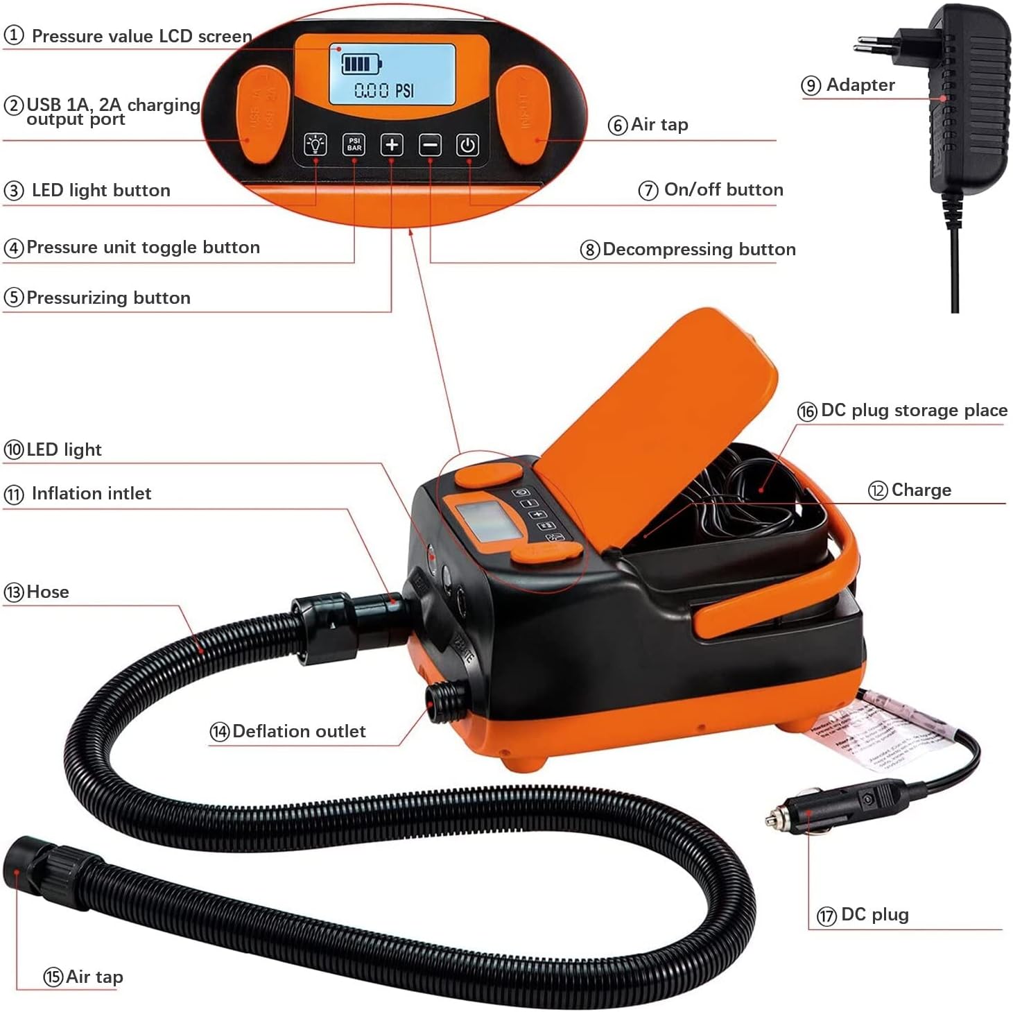 Rechargeable Sup Air Pump Electric Portable, 16PSI 12V with Battery