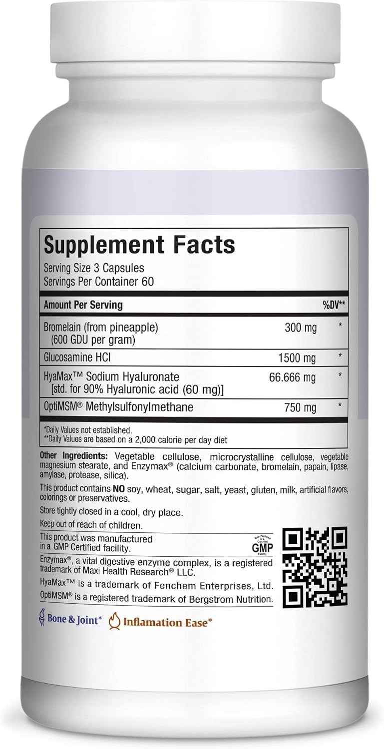 Glucosamine MSM and Hyaluronic Acid with Bromelain Supplement – Joint Support Supplement for Women and Men with Enzymes and Hyaluronic Acid –