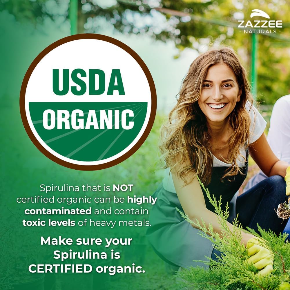 Zazzee USDA Organic Spirulina Powder, 2.2 Pounds (1 KG), 303 Servings | Certified Kosher, 100% Pure, Non-Irradiated, Mess-Free Wide Mouth Container, Fresh Smell, Neutral Taste, Non-GMO, Made in USA