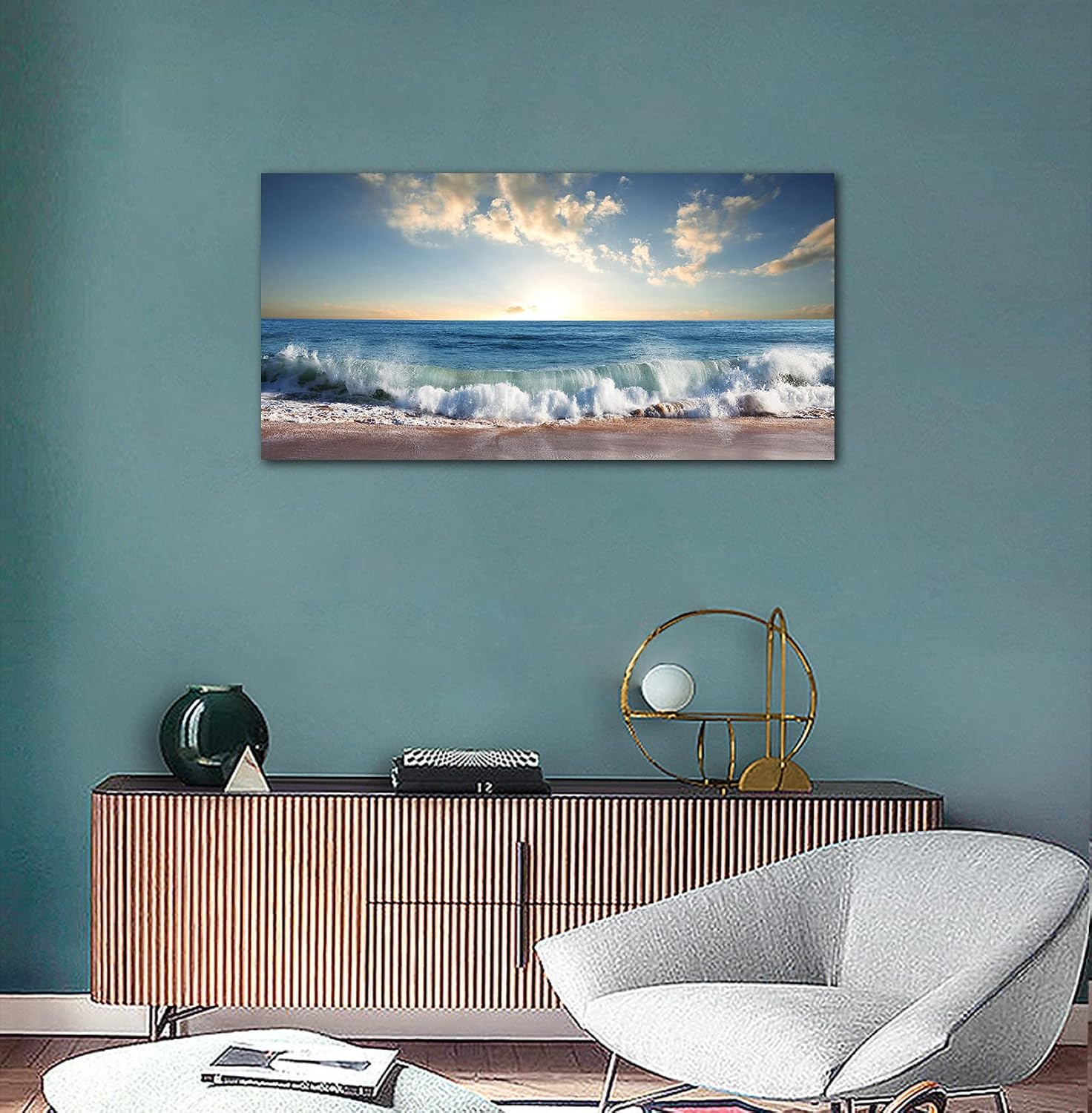 arteWOODS Ocean Wave Canvas Wall Art Beach Sunset Pictures Coastal Nature Artwork Blue Sea Painting Prints for Living Room Bedroom Home Office Decoration 20" x 40"