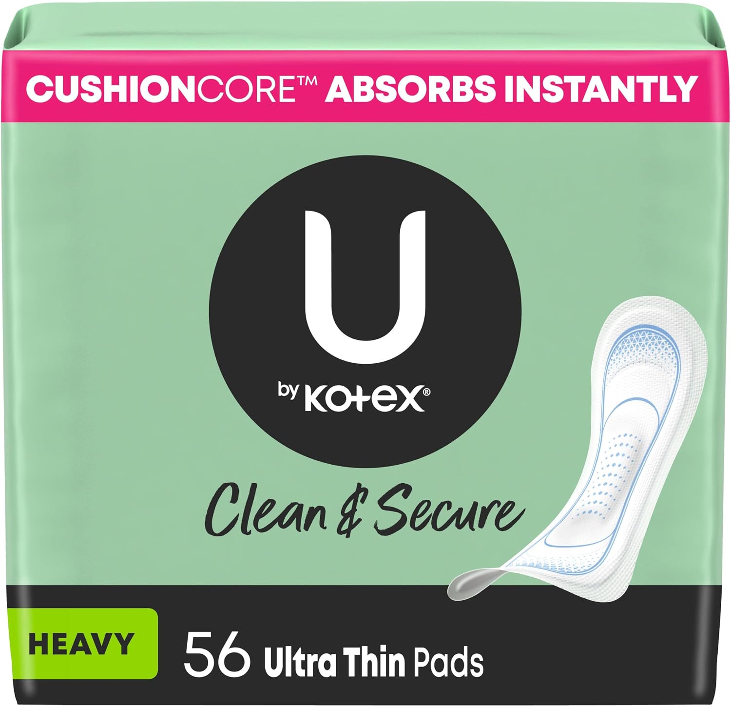 U by Kotex Clean & Secure Ultra Thin Pads, Regular Absorbency, 176 Count (4 Packs of 44) (Packaging May Vary)
