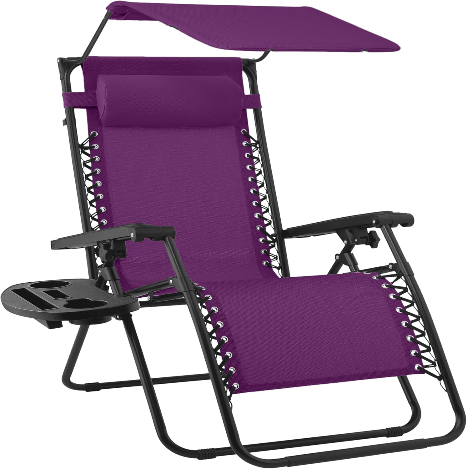 Best Choice Products Folding Zero Gravity Outdoor Recliner Patio Lounge Chair w/Adjustable Canopy Shade, Headrest, Side Accessory Tray, Textilene Mesh - Beige