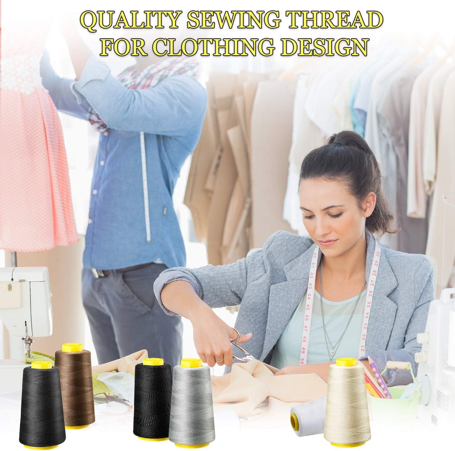 BBTO 6 Rolls 3000 Yard Each Serger Thread Polyester Cones Spool Thread for Sewing Serger Overlock Quilting Sewing Machine (Black, White, Beige, Grey