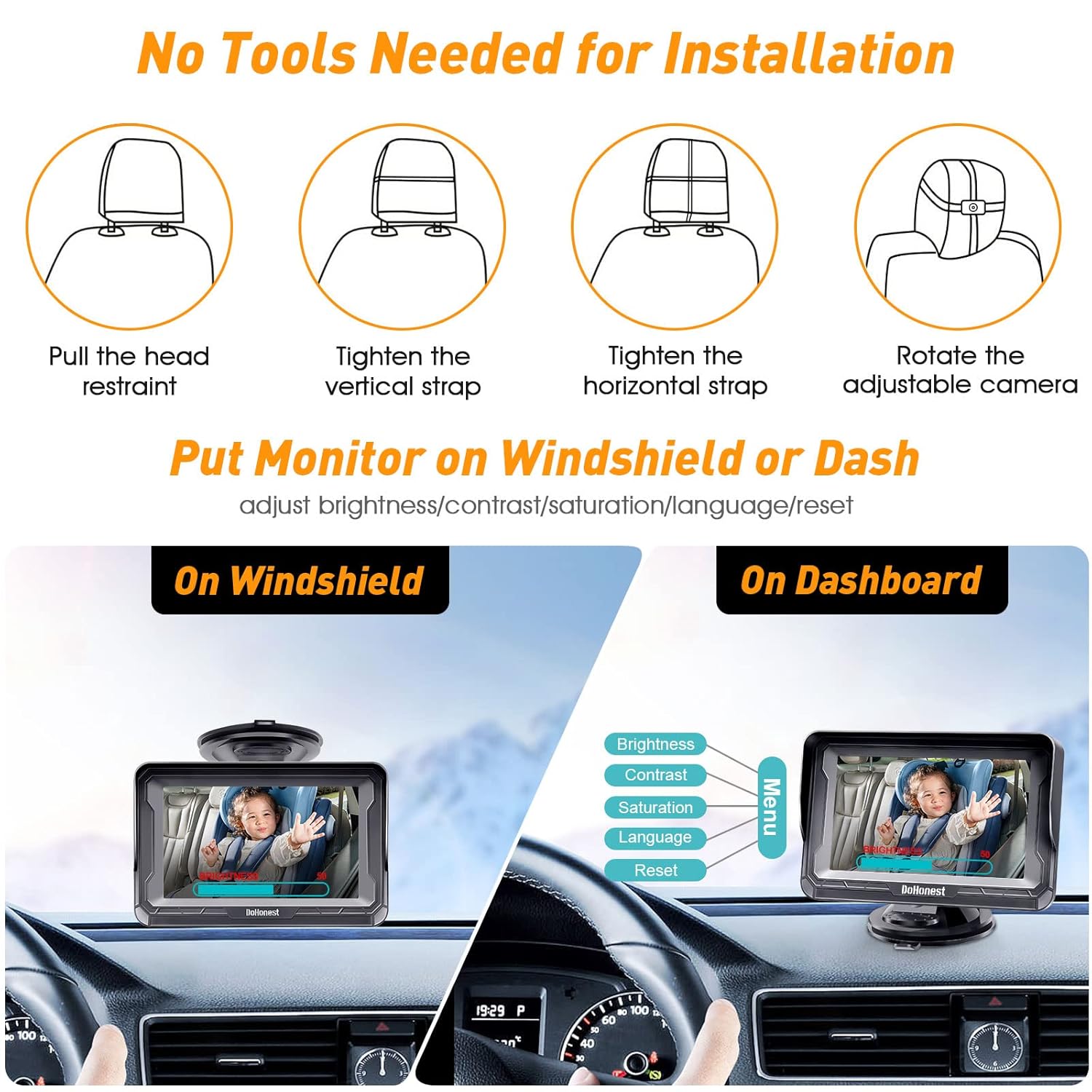 DoHonest Baby Car Camera HD 1080P - Rear-Facing Car Baby Monitor with Night Vision, Adjustable View Angle, Easy Setup, Anti-Glare Display