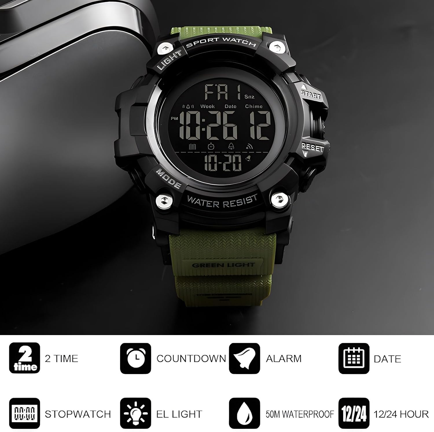 Gosasa Men Sport Watch Countdown Stopwatch Watch Mens Wrist Watch Waterproof LED Electronic Digital Male Watch 12/24 Hour Multifunctional Watch