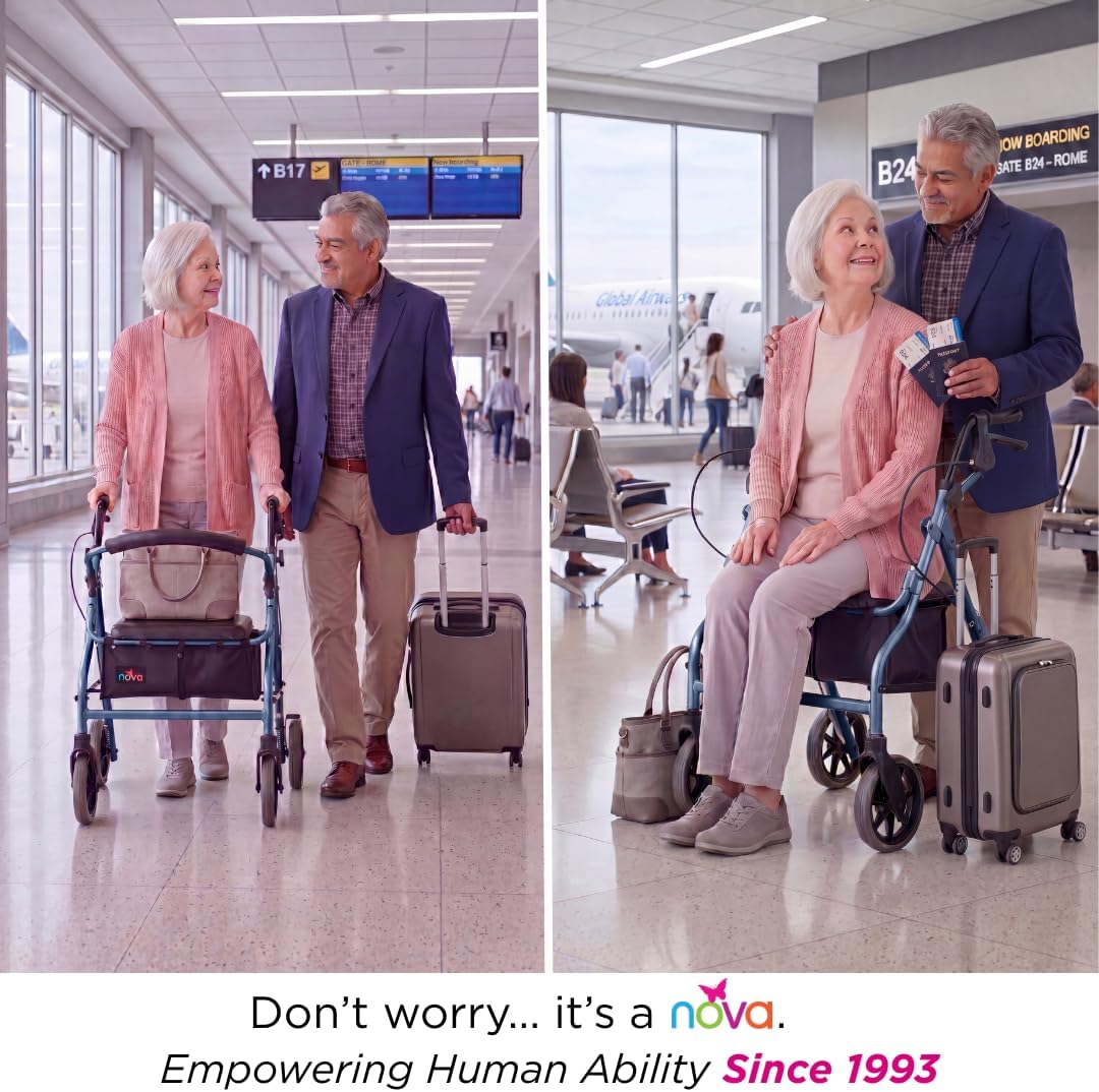 NOVA Zoom 22 Rollator Walker for Seniors, Rolling Walker with Locking Hand Brakes, Padded Seat & 8" Wheels, Lock N Load for Easy Transport & Storage, Adjustable Height 5'5"–6'1", Red