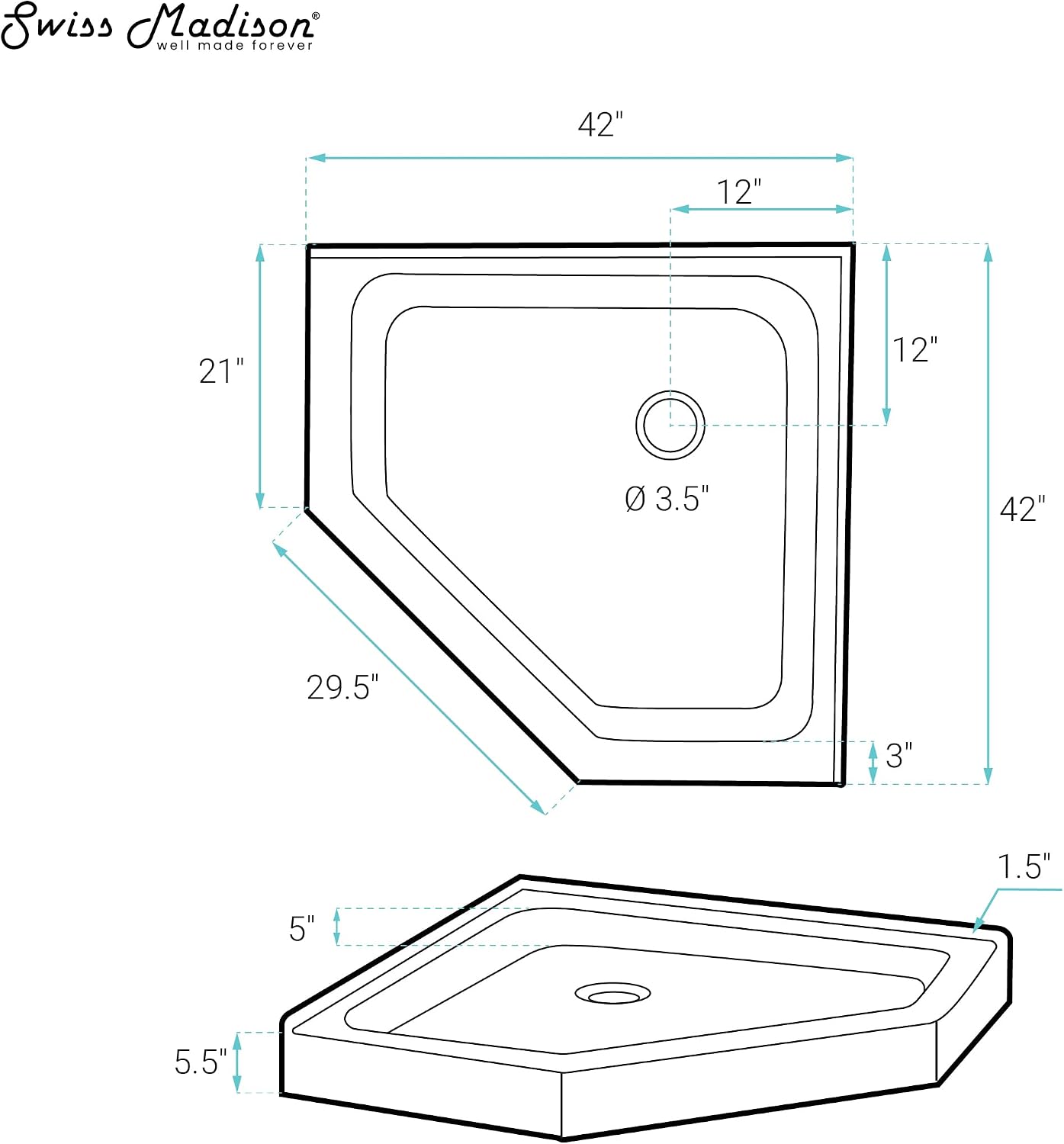 Voltaire 32" x 32" Acrylic White, Single-Threshold, Center Drain, Neo-angle Shower Base