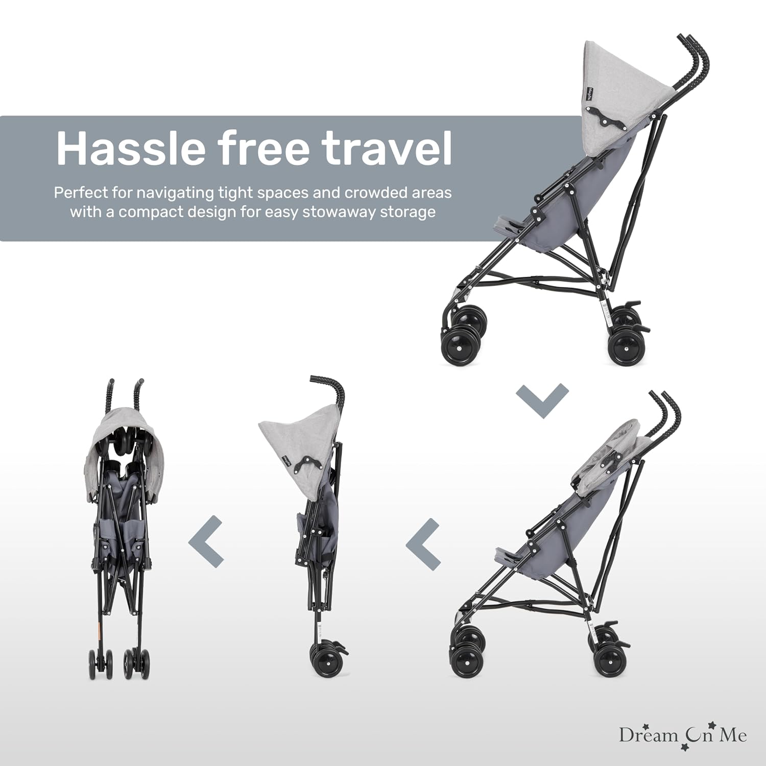 Dream On Me Aero Travel Umbrella Stroller, 1-Hand Fold, Lightweight, Black | 3 Point Safety Harness, Dual Brakes, Adjustable Removable Canopy, Sturdy Steel Frame, Compact, For Toddlers 6-36 months