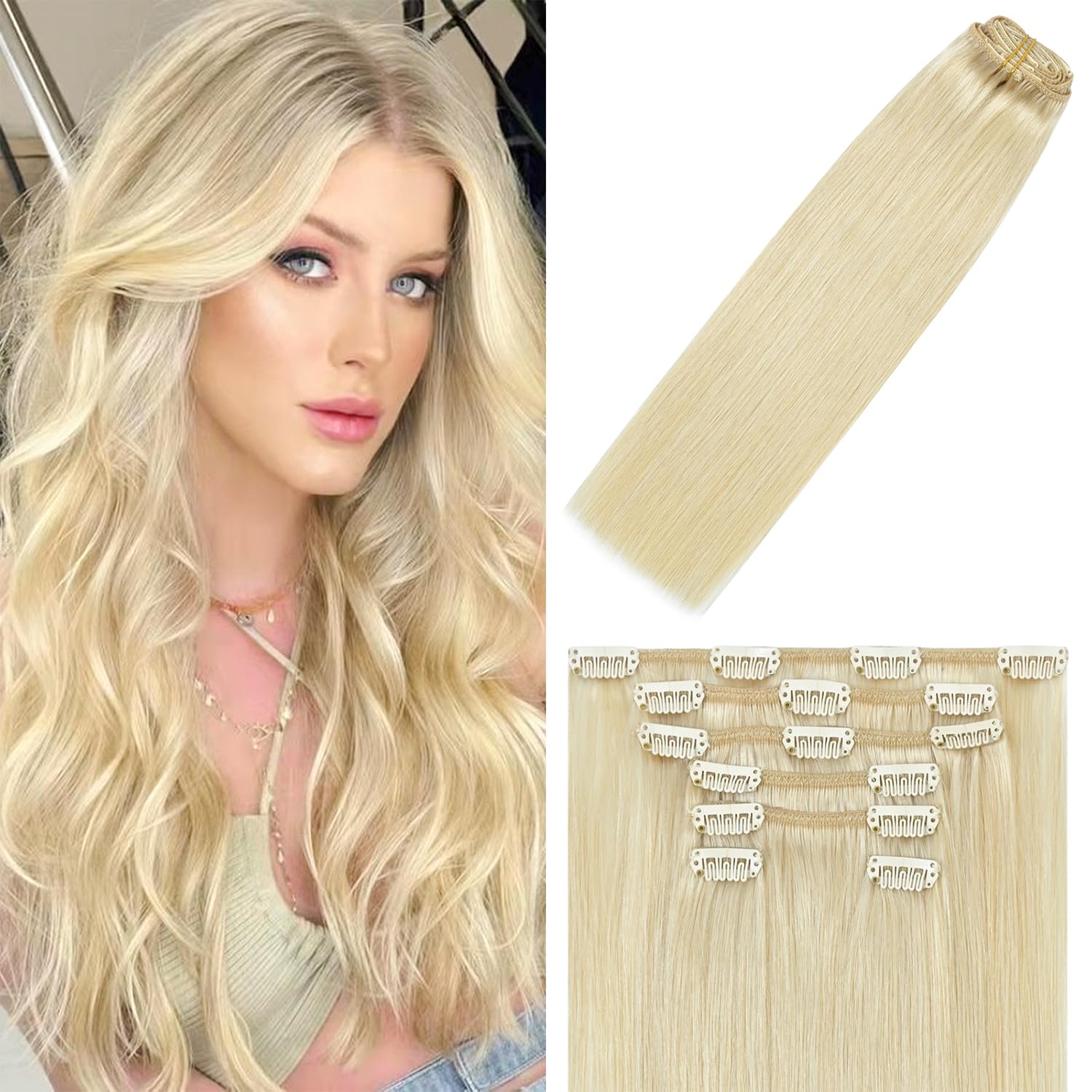 WindTouch Clip In Hair Extensions Human Hair Mixed Bleach Blonde 18Inch 75g Hair Extensions for Women Remy Blonde Extensions Clip in #18p613 7PCS